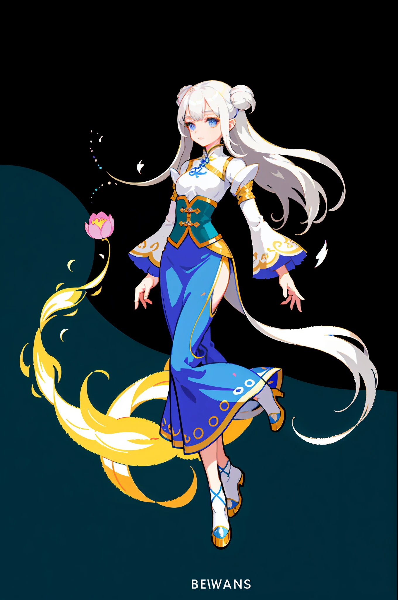 (highest quality, masterpiece), Chinese style, fairy, silver-haired woman dressed in white, galaxy fantasy, brilliant flash, 1 girl, long skirt flowing, particle effect, hair swaying in the wind, flowers all over the body, simple and deep background,