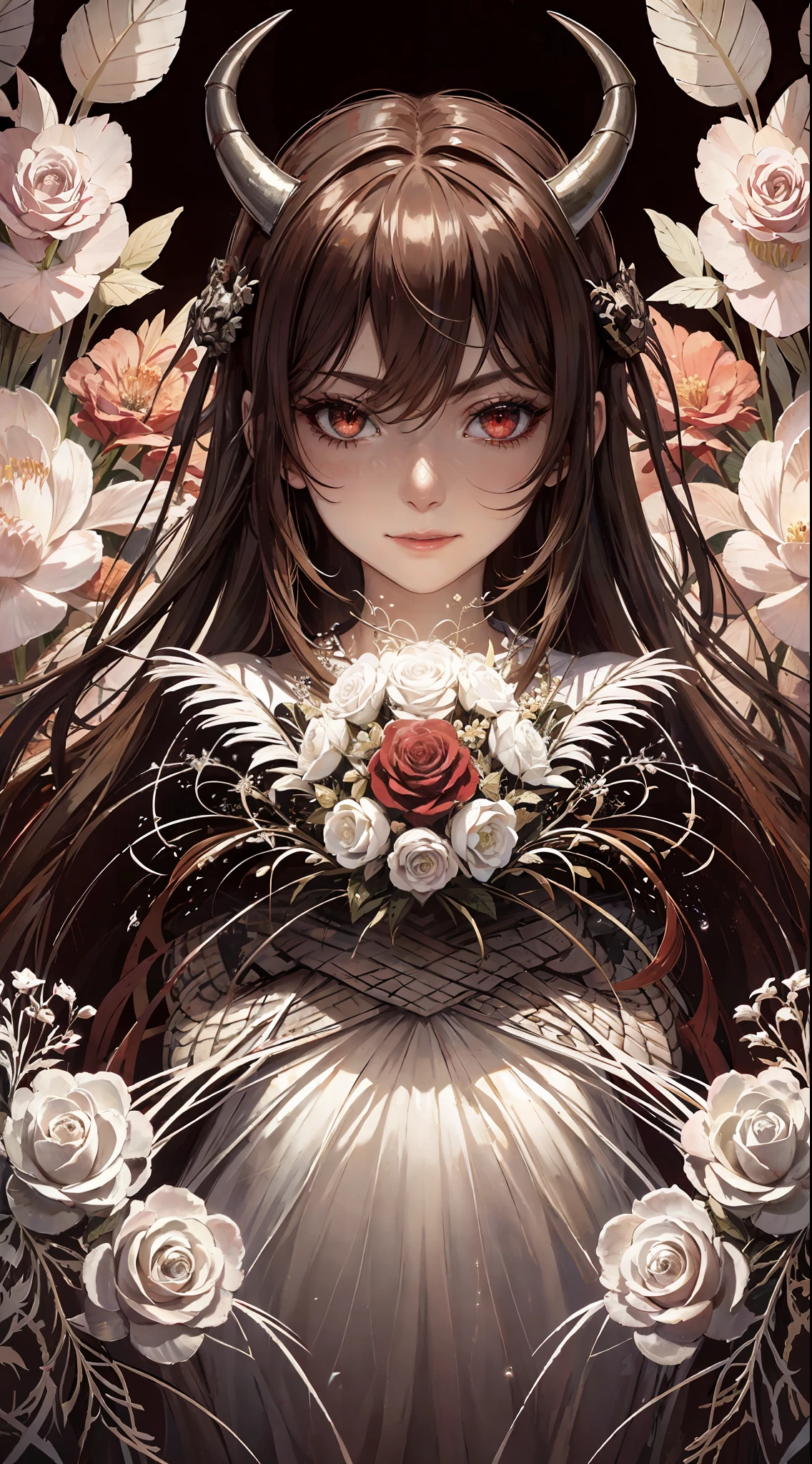 (Beautifully grotesque),(surrealism),((lenfant_terrible), horror),(blood from eyes),(darkness),(disturbing),(spooky),(mysterious),(glitch),(noise),(texture),(white wedding dress: 1.2),sparkling, lush garden,soft natural light, red roses with many petals,a bouquet of lilies in her hand,dynamic pose, (brown hair with highlights:1.2),warm sunshine, radiant smile.((ultra detail retina:1.5)),embarassed, (midriff),((ultra detail eyes:1.5)),((extremely detailed CG unity 8k wallpaper,masterpiece, best quality)), ((ultra-detailed)),(best illumination, best shadow, an extremely delicate and beautiful),(extremely detailed CG unity 8k wallpaper,masterpiece, best quality, ultra-detailed),(best illumination, best shadow, an extremely delicate and beautiful),floating, ,red eyes,dynamic pose,(horns),scaly white armor,sharp claws,snarling,aggressive look):0.75],,HDR (High Dynamic Range),masterpiece, top quality, best quality, official art, beautiful and aesthetic:1.2), (1girl:1.3), extremely detailed,(fractal art:1.2),(colorful:1.2)(flowers:1.3),highest detailed,(zentangle:1.2), (dynamic pose), (abstract background:1.3), (shiny skin), (many colors:1.4), ,(earrings), (bloods:1.5),(masterpiece, sidelighting, finely detailed beautiful eyes: 1.2)
