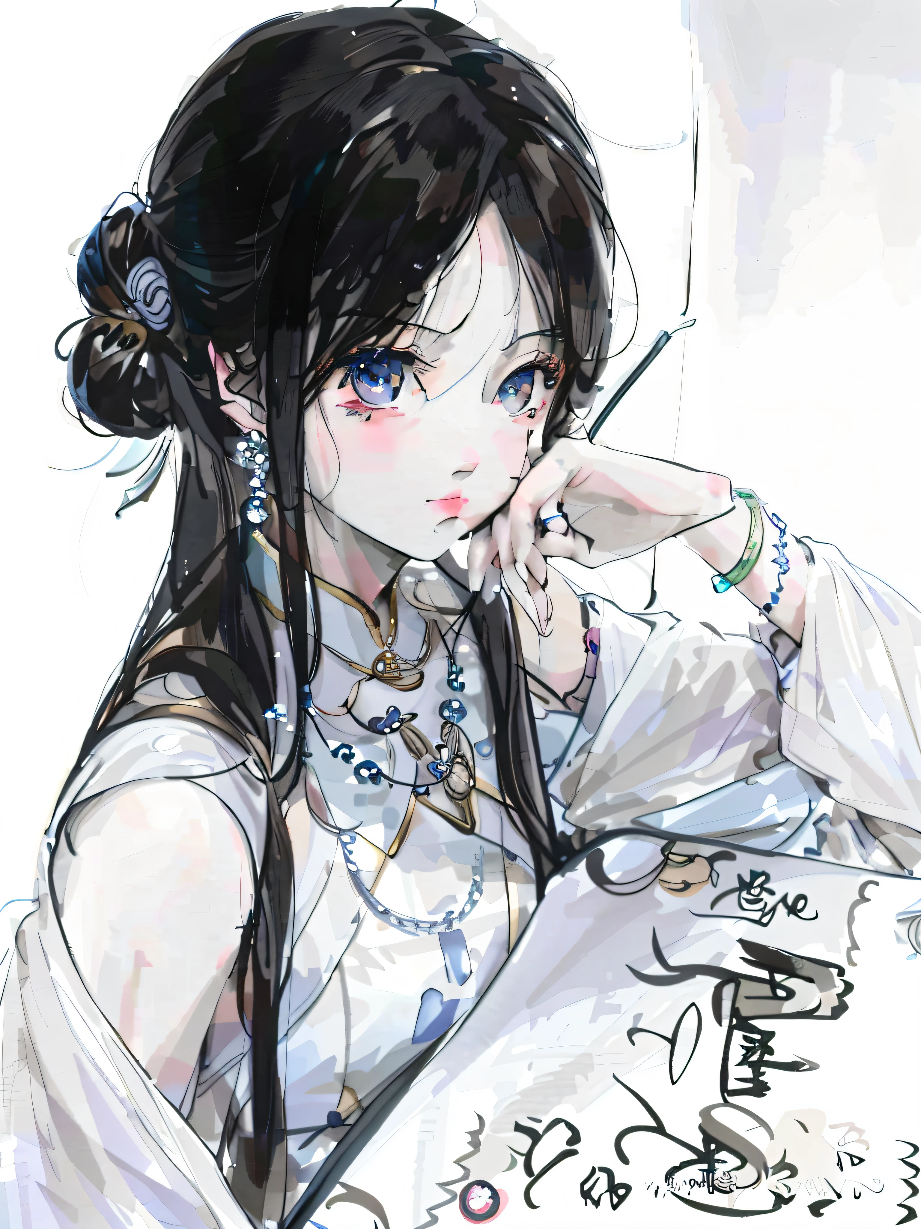 anime girl with long black hair and blue eyes sitting in front of a white wall, guweiz, by Yang J, artwork in the style of guweiz, guweiz on pixiv artstation, by Zeng Jing, beautiful character painting, beautiful anime portrait, palace , a girl in hanfu, by Shitao, a beautiful artwork illustration