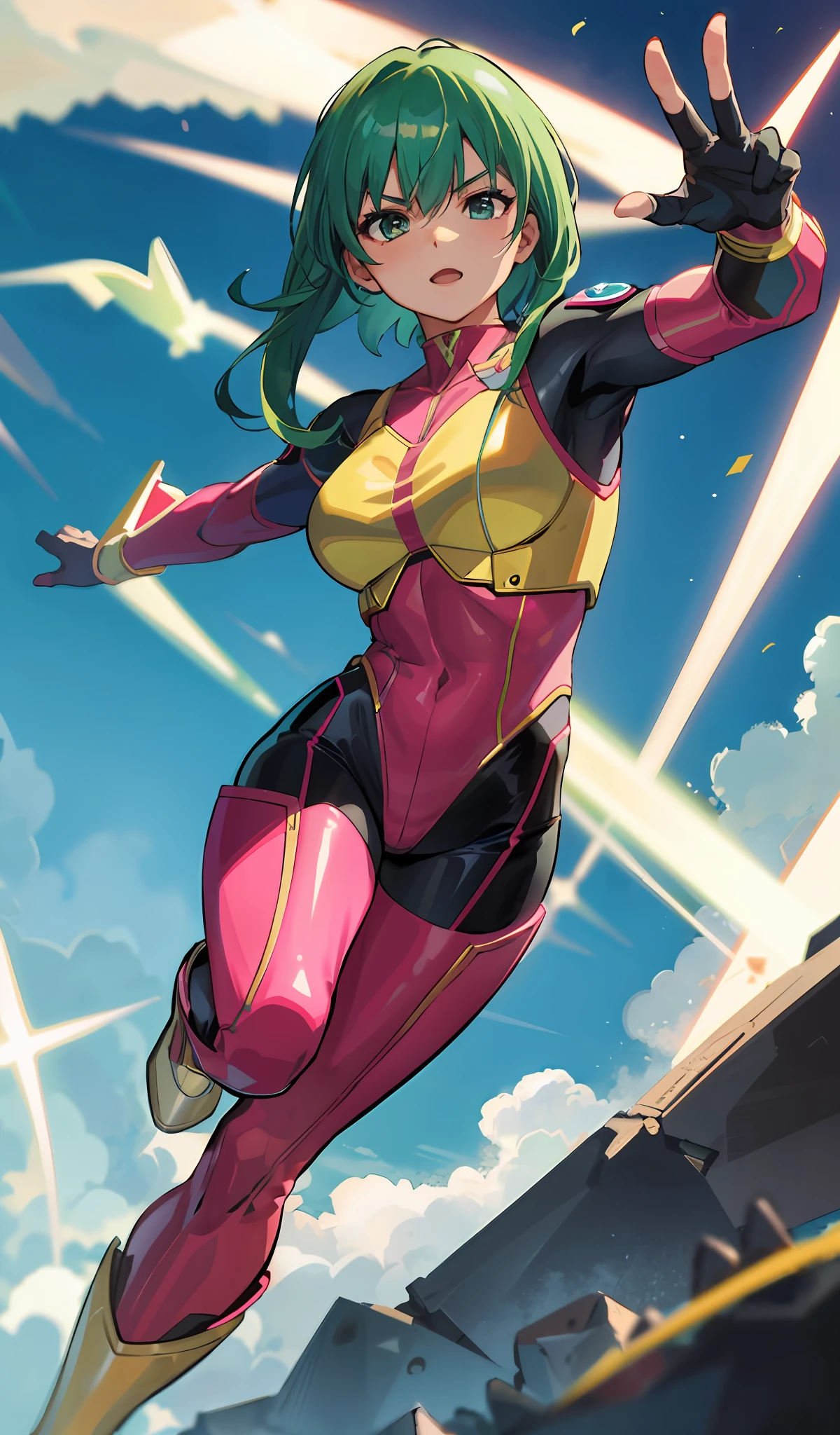 4K, realistic, charismatic, very detailed, there is a girl in the sky, wearing a power ranger, she is a power ranger, superhero theme, green hair, 25 years old, full body