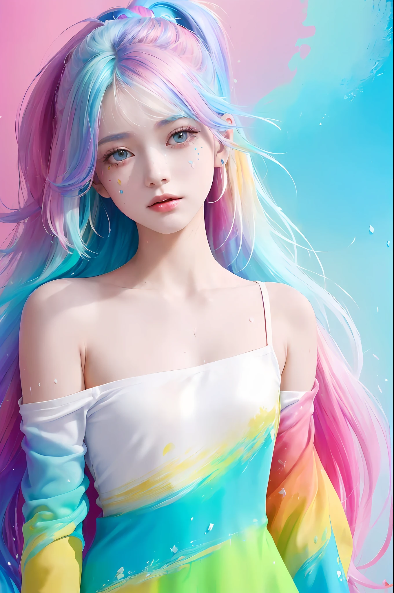 （Pink Fashion T-shirt：1.9），(Colorful hair: 1.8), (all the colours of the rainbow: 1.8),(((((vertical painting：1.6))), （painting：1.6），front, comics, illustrations, paintings, large eyes, crystal clear eyes,（ rainbow color gradient high ponytail：1.7）, exquisite makeup, closed mouth,(Small Fresh: 1.5),(Wipe Chest: 1.6) ，long eyelashes, white off shoulder T-shirt,  White Shoulder Shirt，looking at the audience, large watery eyes, (rainbow colored hair：1.6), color splash, （solo：1.8）, color splash, color explosion, thick paint style, messy lines, ((shining))，(colorful), (colorful), (colorful), colorful, Thick Paint Style, (Splash) (Color Splash), Vertical Painting, Upper Body, Paint Splash, Acrylic Pigment, Gradient, Paint, Highest Image Quality, Highest Quality, Masterpiece, Solo, Depth of Field, Face Paint,  colorful clothes, (Elegant: 1.2), gorgeous,long hair, wind, (Elegant: 1.3), (Petals: 1.4)，(((masterpiece))),(((best quality))),((ultra-detailed)),(illustration),(dynamic angle),((floating)),(paint),((disheveled hair)),(solo),(1girl) , (((detailed anima face))),((beautiful detailed face)),collar,bare shoulders,white hair, ((colorful hair)),((streaked hair)),beautiful detailed eyes,(Gradient color eyes),(((colorful eyes))),(((colorful background))),(((high saturation))),(((surrounded by colorful splashes))),