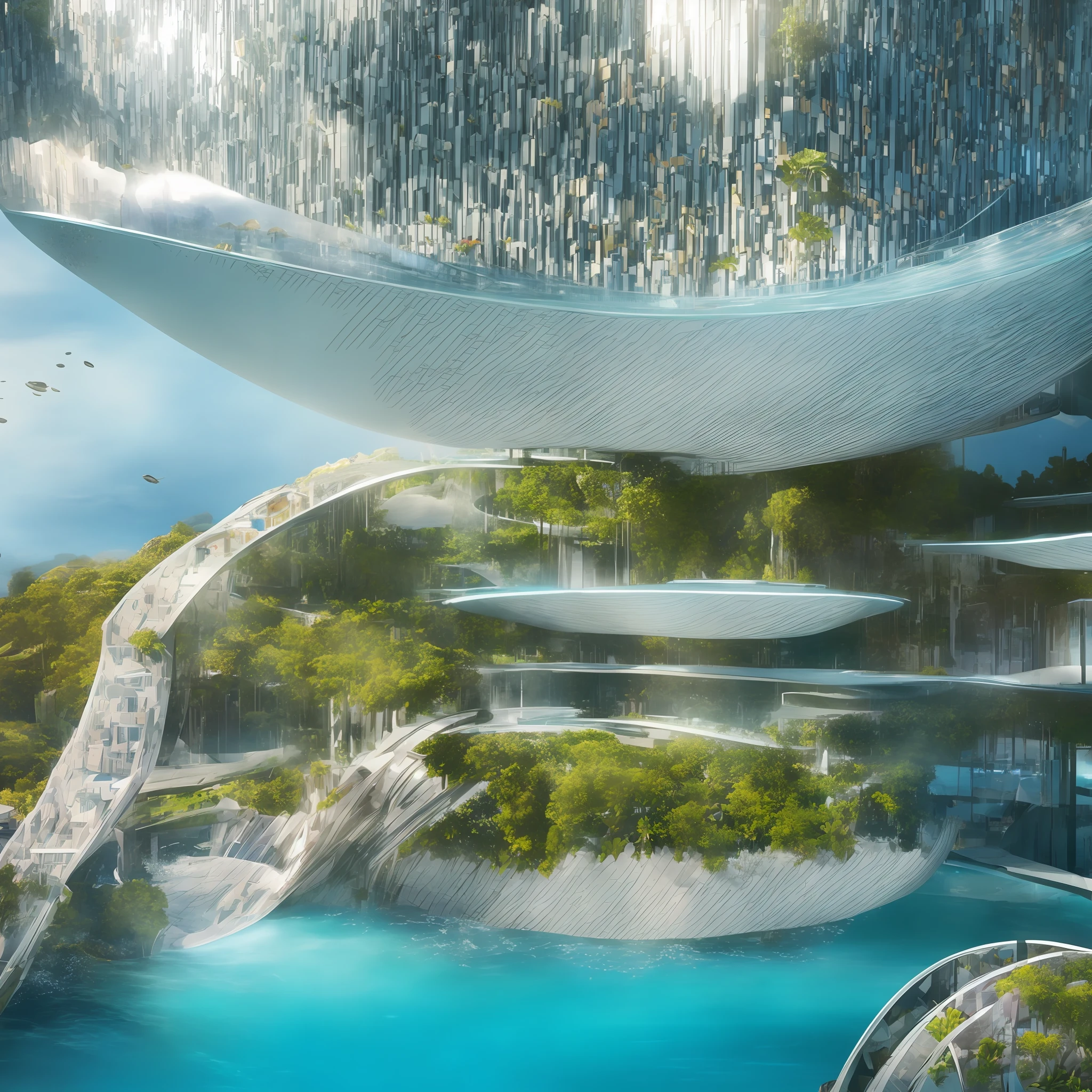 Science Fiction, Cities modern futuristic design large underwater city, futuristic underwater cityscape, a artificial waterfall and a pond with colorful flowers in the middle, nature meets underwater architecture, built inside ocean, realistic beehive architecture, organic underwater architecture, Reality very close to real nature, breathtaking render,city with underwater forest , advanced civilization technology,stunning architecture, luxury architecture, realistic fantasy render, by Zha Shibiao, epic and stunning, architectural visualization, epic architecture, concept art. 8 k --auto --v6 --s2