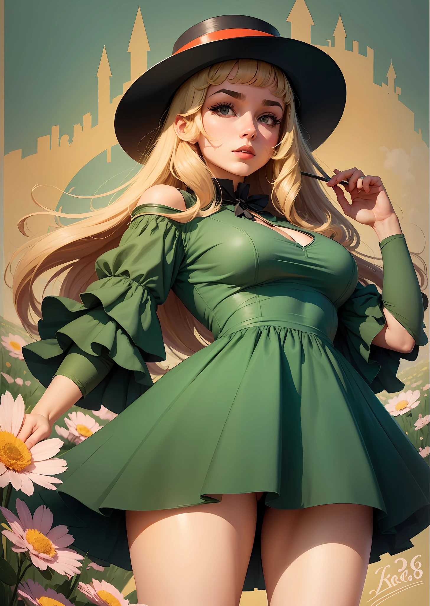 Girl in a very short dress, in a huge hat of the 60s in a spring landscape, poster design, vector graphics, in vector style
