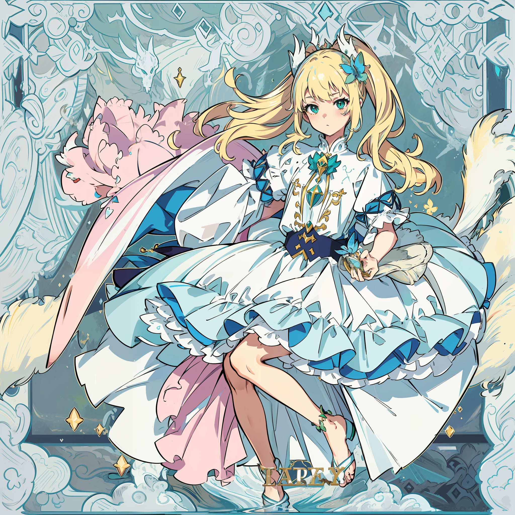 Masterpiece, best quality, portrait of a maiden, dragon princess with pink tail, green eyes, delicate eyes, intricate details, dressed in everyday clothes, blond hair, well-preserved double ponytail, depth of field, avatar, purity, blue butterfly hair ornament on the head, loli