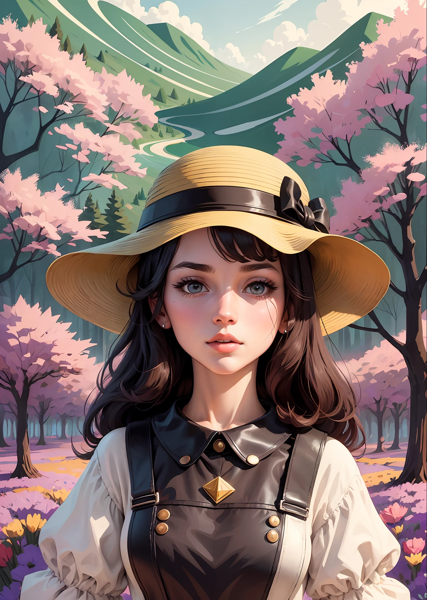 Girl in a very short dress, in a huge hat of the 60s in a spring landscape, poster design, vector graphics, in vector style