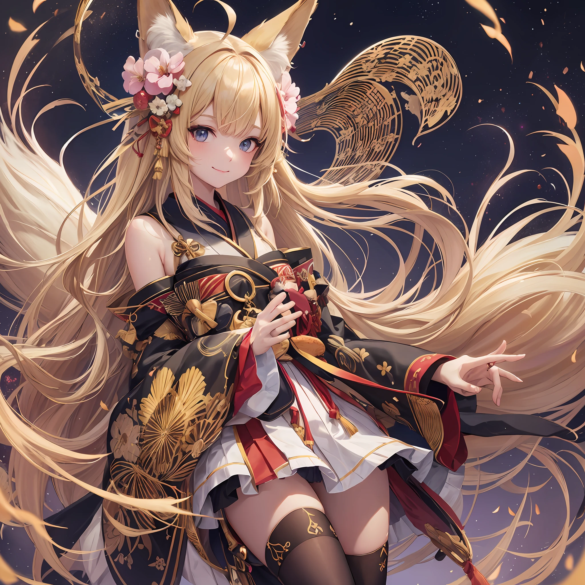 {best quality},{{masterpiece}},{highres},original,extremely detailed 8K wallpaper,{an extremely delicate and beautiful},1girl, solo, animal ears, thighhighs, long hair, blonde hair, tail, white background, fox ears, white thighhighs, full body, smile, fox tail, simple background, black footwear, wide sleeves, japanese clothes, bangs, looking at viewer, fox girl, very long hair, hair ornament, animal ear fluff, skirt, long sleeves, kimono, ahoge, twintails, zettai ryouiki, off shoulder, standing, closed mouth, jewelry, detached collar, hair flower --auto --s2