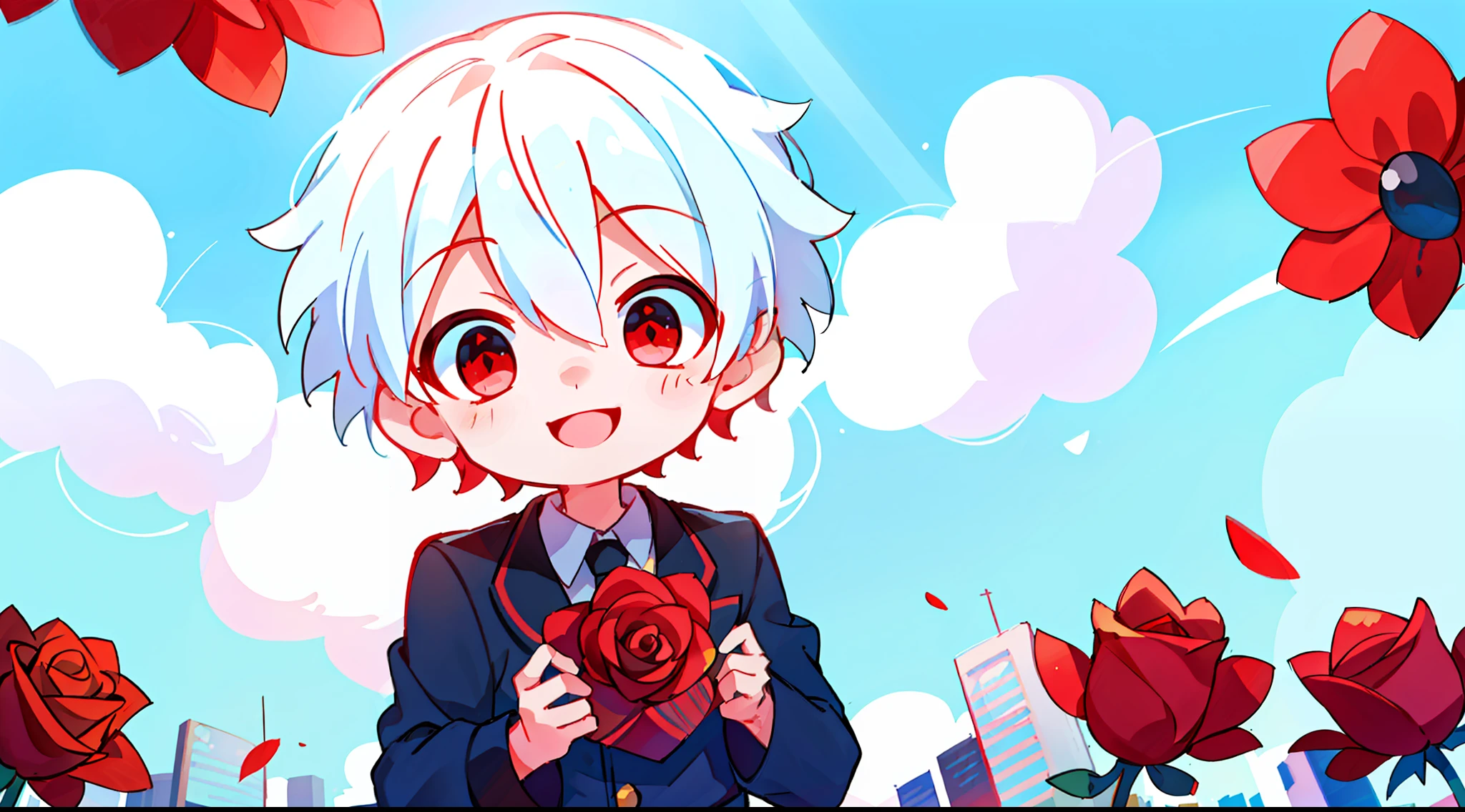 (high-quality, breathtaking),(expressive eyes, perfect face), short, young boy, short white hair, red eyes, smiling, black school uniform, wear short shorts, urban setting, sunshine, blue sky, shine, glow, red roses.