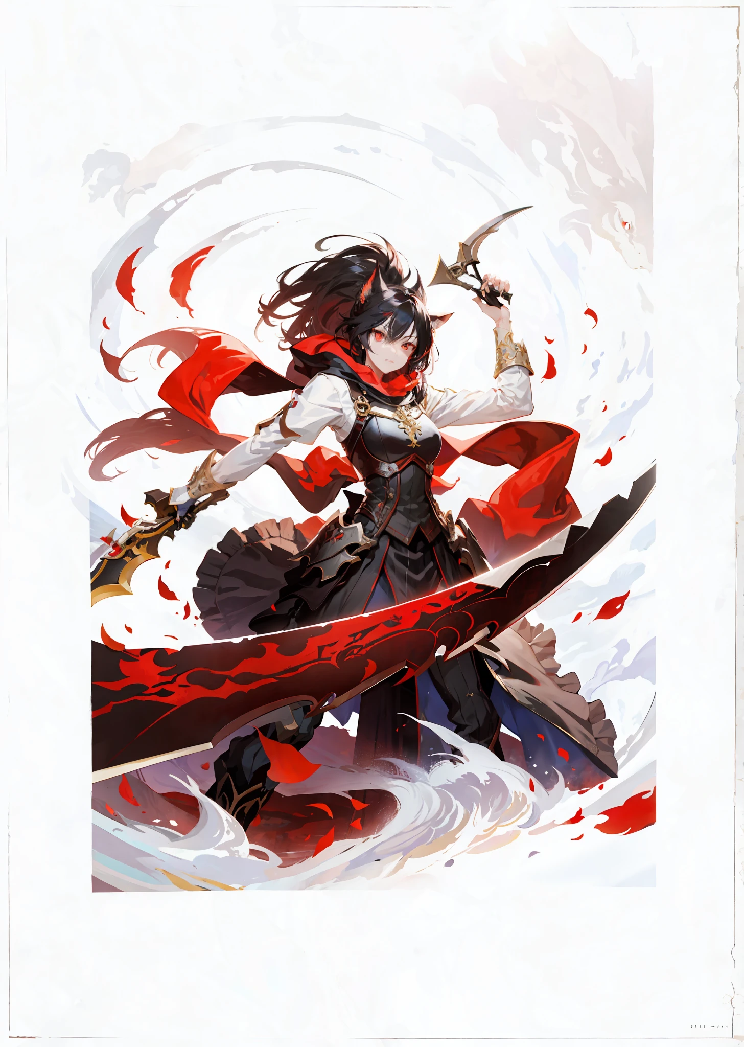 Fantasy, epic, movie poster style illustration, a girl with long white hair red eyes fox ears standing on armor, wielding a scythe, with dynamic and magical background, with prominent and well-designed typographic elements, confident, determined, wielding scythe, magical forest night