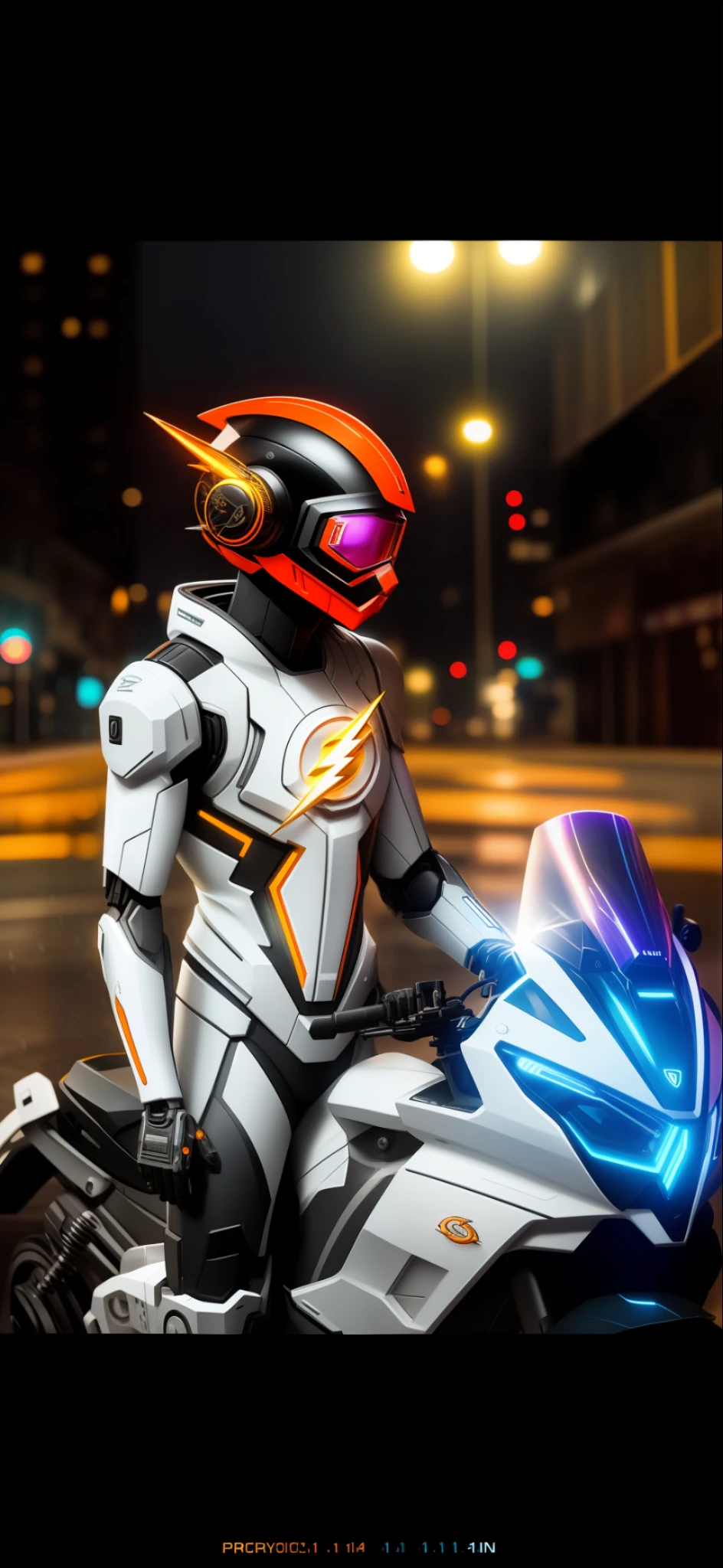 A photo of an award-winning masterpiece, psychedelic cyborg standing on a city street on a rainy night, wearing neon-colored glowing goggles, 8k, (high quality: 1.1), (cinematic: 1.1), dark deep shadows, incredibly intricate details, pale mech full body, human robot, orange helmet, art, (close range: 1.1), from above, looking at the audience, (flash: 1.1), (chromatic aberration, :1.2) background with floating light artifacts