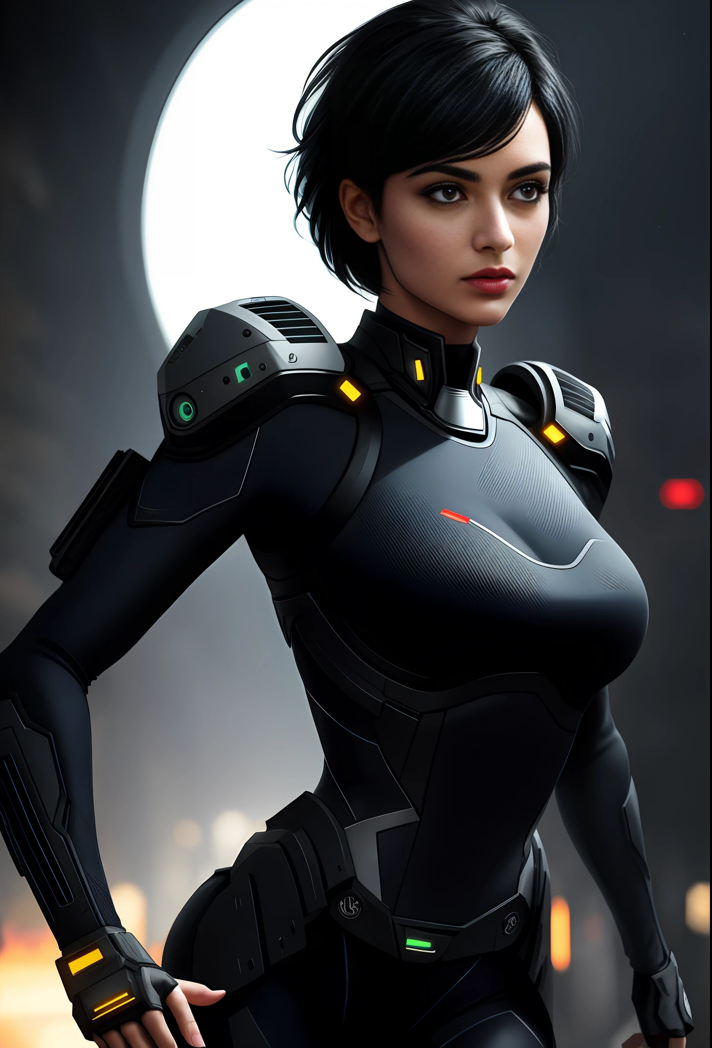 RAW photograph, best quality, masterpiece, an extremely beautiful woman, extremely detailed, unity, 8k wallpaper, Amazing detailed, finely detailed, masterpiece, best quality, official art, extremely detailed CG unity 8k wallpaper, ultra-detailed, highres, extremely detailed, clear, focused, (best quality), (realistic, photo-realistic:1.6), 8k, bright lighting, high quality, cinematic lighting, 1girl, centered, full body, short black hair, (sweat:1), perfect fingers, science fiction