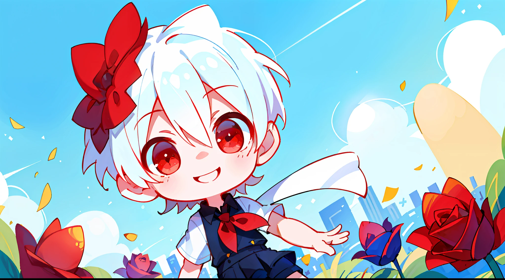 (high-quality, breathtaking),(expressive eyes, perfect face), short, young boy, short white hair, red eyes, smiling, black school uniform, wear short shorts, urban setting, sunshine, blue sky, shine, glow, red roses.