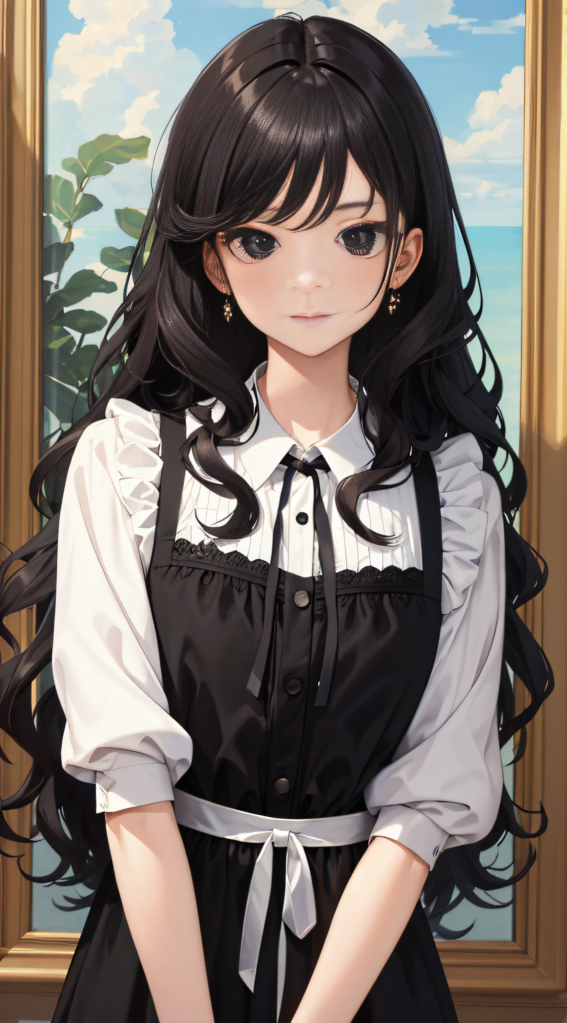 (masterpiece, best quality:1.2), looking at viewer, dress, (wavy hair:0.8), long hair, black eyes, upper body,