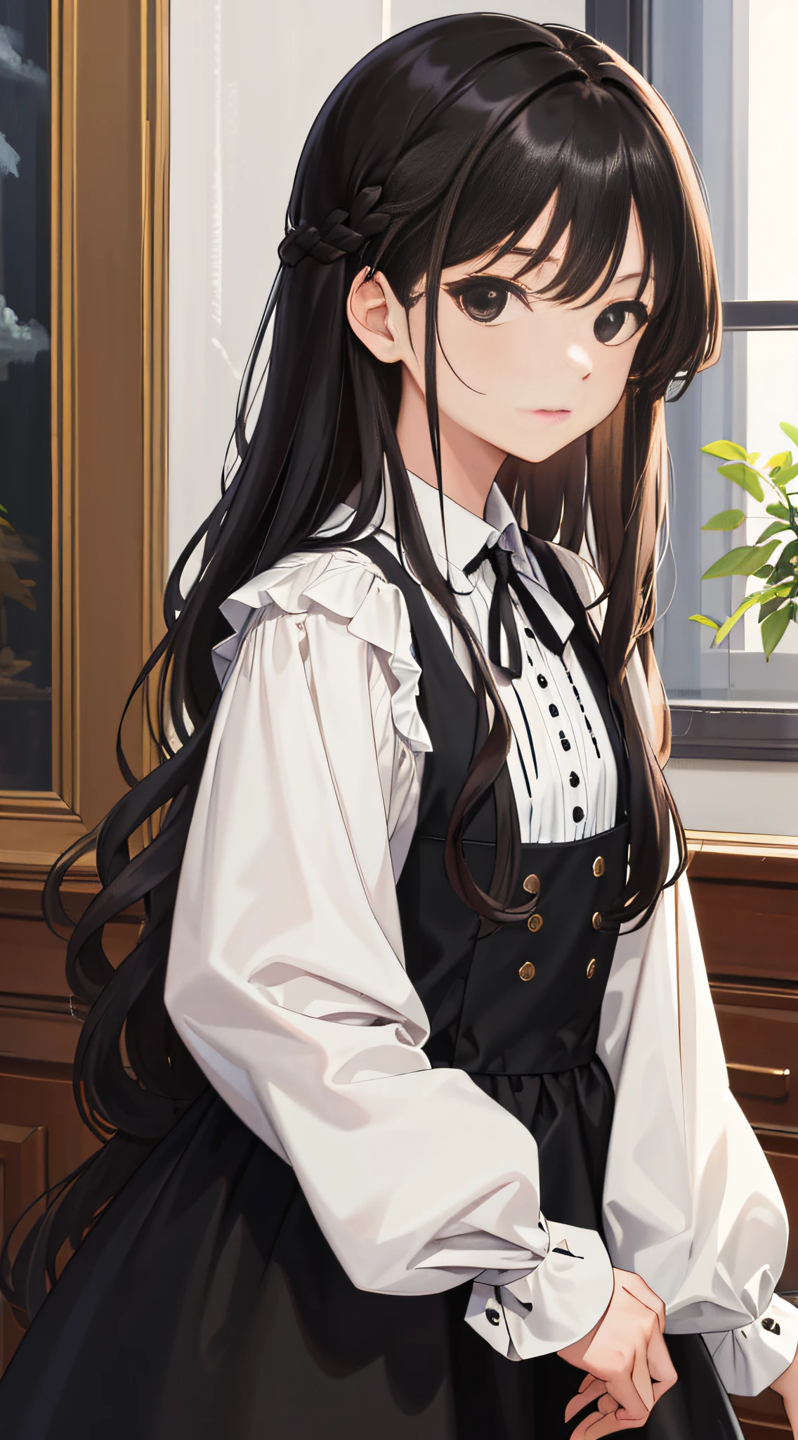 A woman with long black hair wearing a black and white dress - SeaArt AI