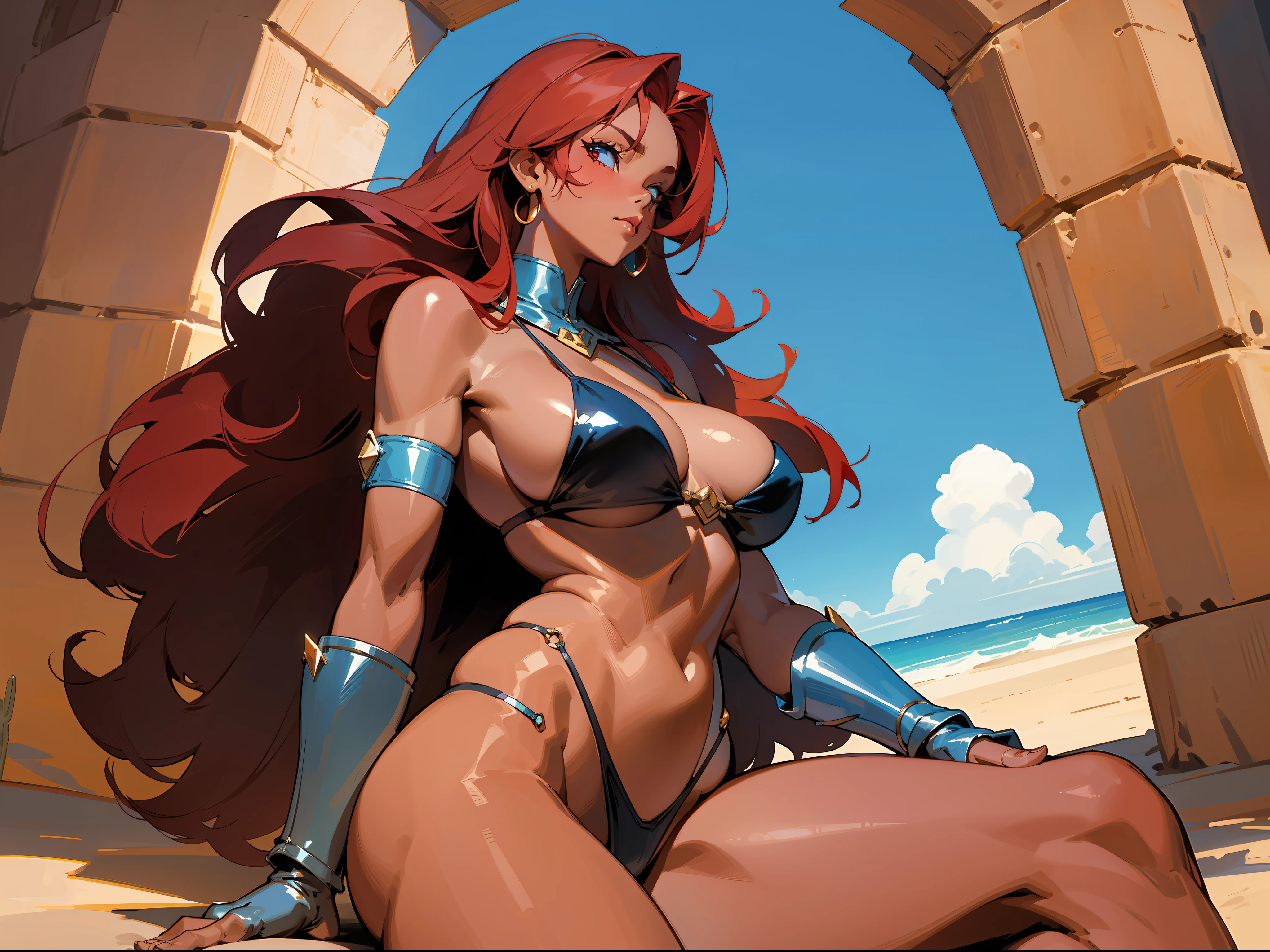 Mature woman, strong, dark skin, black bikini, long red hair, big breasts, big thighs, 80s, fantasy, medieval, desert, sun, blue sky, well detailed glow.