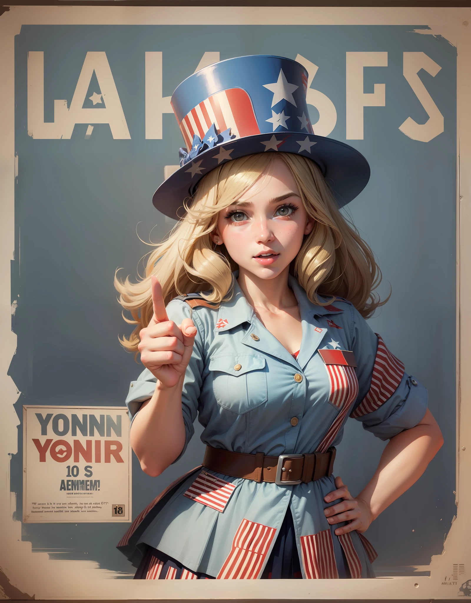1girl, uncle sam as a girl, pointing at viewer, upper body shot, index finger, i want you for us army, an army recruitment poster, uncle sam, american propoganda poster, us army, army, allied propaganda poster, american propaganda, propaganda art, propaganda poster
