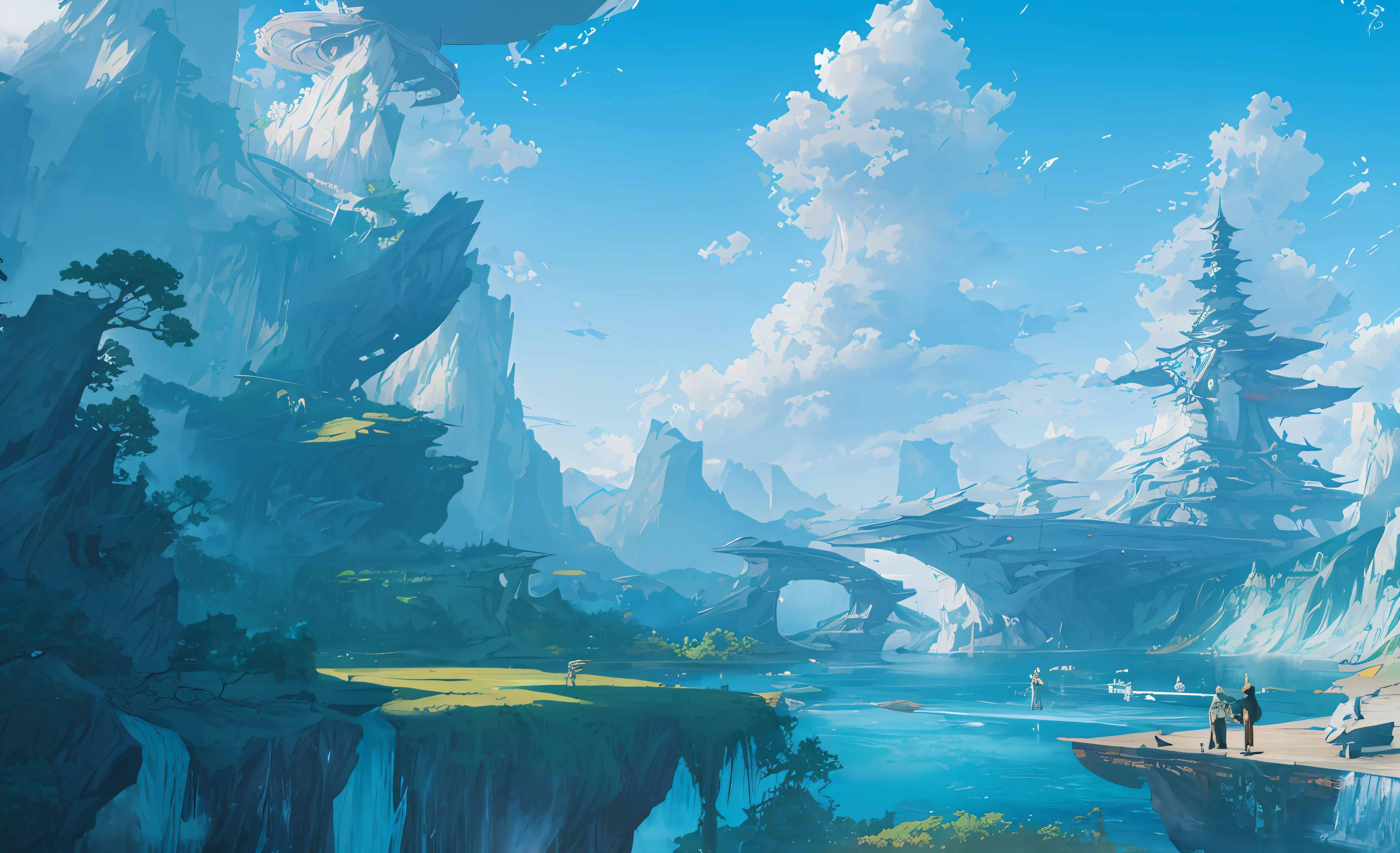 ConceptArt, nobody, landscape, water, sky, day, tree, cloud, waterfall, outdoors, architecture, nature, river, blue sky