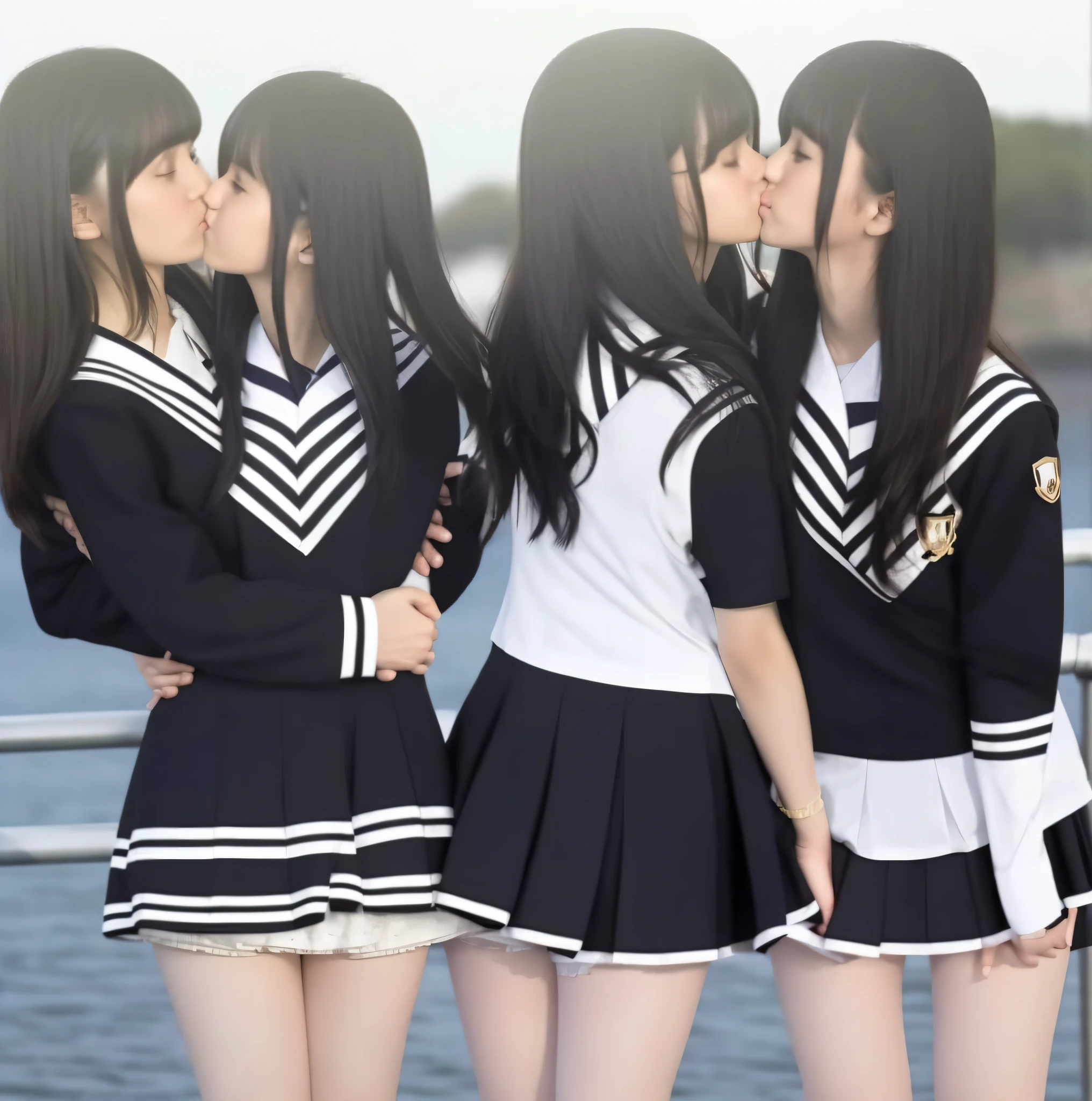 2 girls, Yuri, Kiss, (black hair), shorthair, sailor suit, hug, miniskirt,