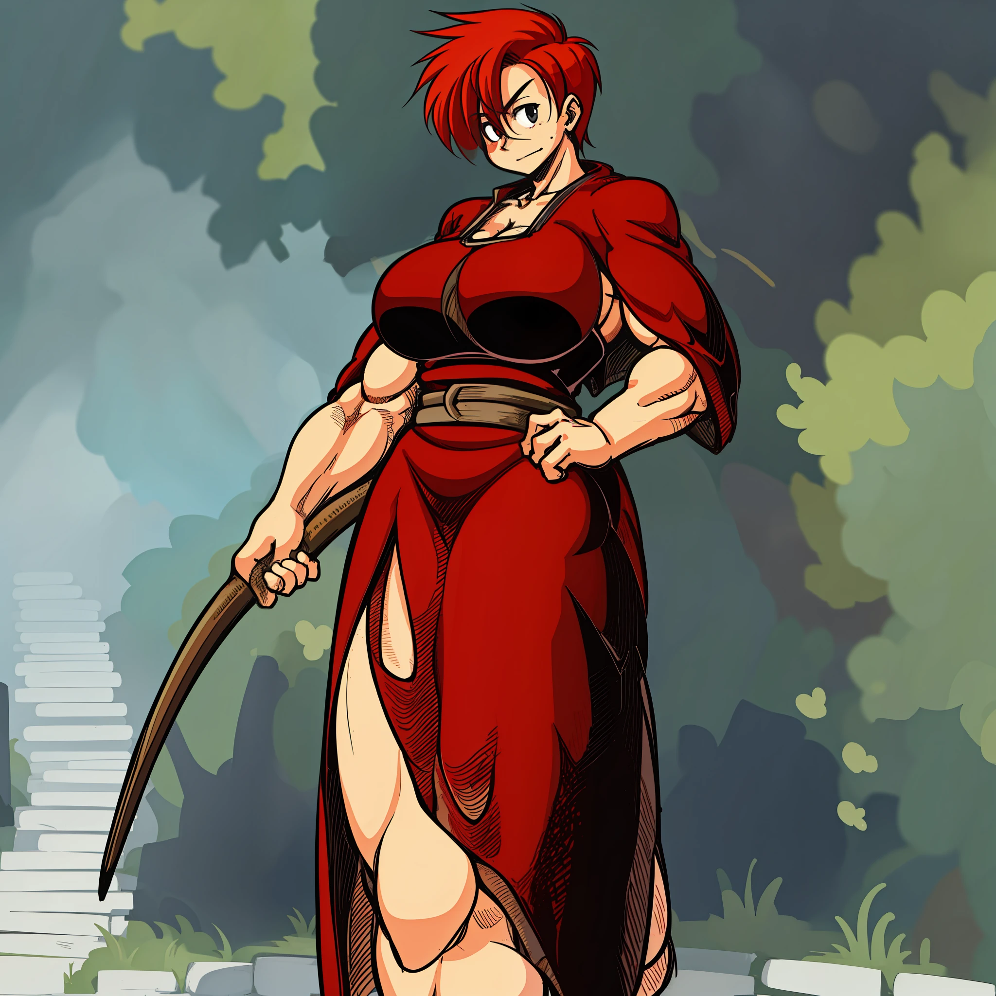 huge chest, tall woman, red hair, nun, priestess, curvy, short hair, tomboy, freckles, portrait,1character, full body,1girl, tall female, solo, solo focus, portrait, walking, ful body, warrior, knight, weapon holding