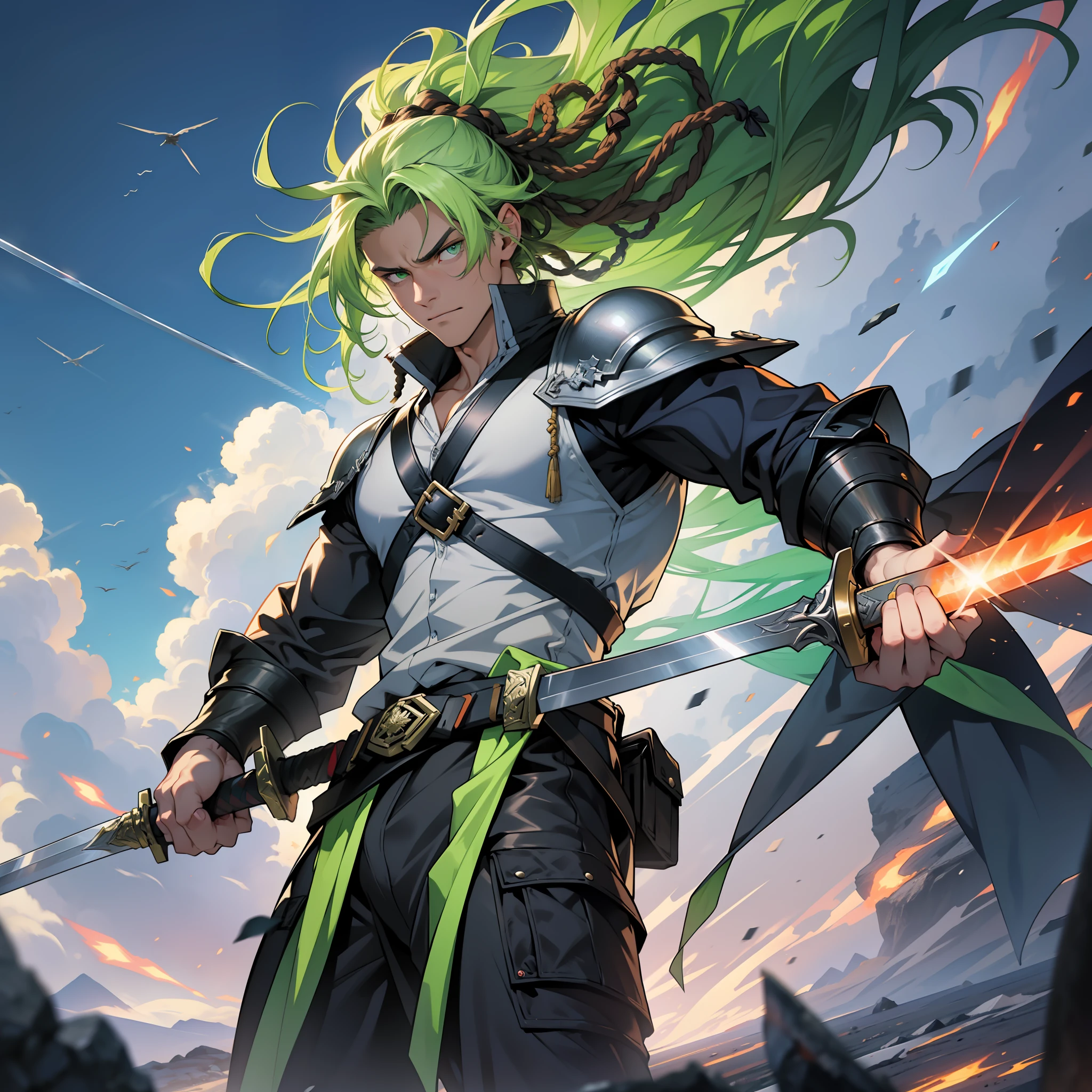 (The 24-year-old man:1,2) (with the sword he drew the weapon slowly1,3), as if making a declaration of war. (His large, green eyes:1,2) seemed to glow with the determination and anger emanating from him. (His green hair in dreads swayed in the wind:1,3), giving him a wild and imposing air. A powerful aura emanated from him, as if he was about to explode at any moment. (It was in a brightly colored, beautiful setting), all in 4K, almost like a movie production. The realism was impressive and the feeling of being there was overwhelming. It was evident that he was ready to fight to the death if need be.