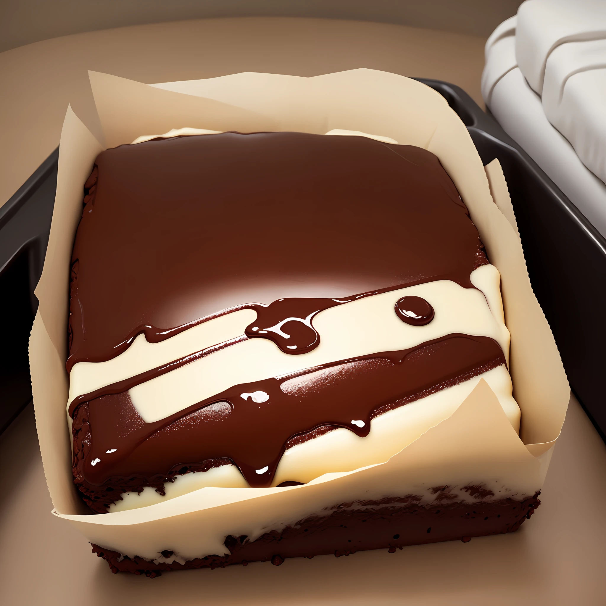 Square brownie with chocolate syrup falling on top of the Brawnie from above. Brownie under a plaid towel. Square brownies of 5 cm. 8K and lighting.