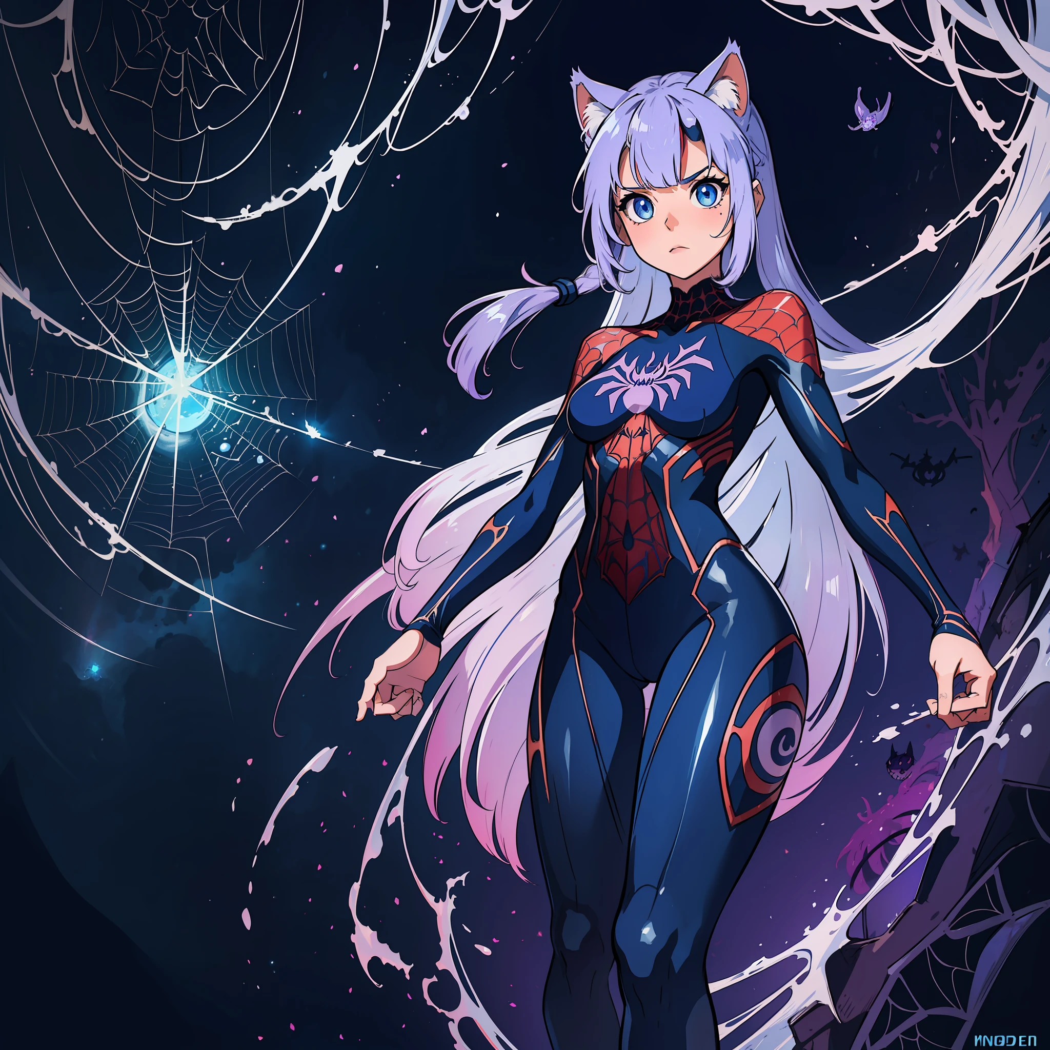 (masterpiece), best possible quality, ultra-detailed. One of the most detailed CG artworks ever created, with sky blue eyes ((detailed eyes)) and purple hair, small cat ears and tail, accurate arms and legs, spider suit, spider web print, spider web, anime style.
