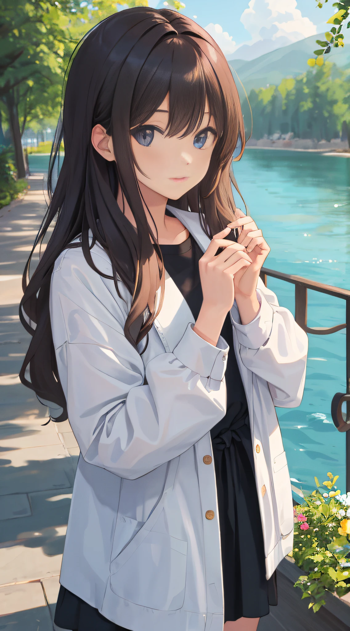 masterpiece, best quality, looking at viewer, long hair, outdoors, (wavy hair:0.7),