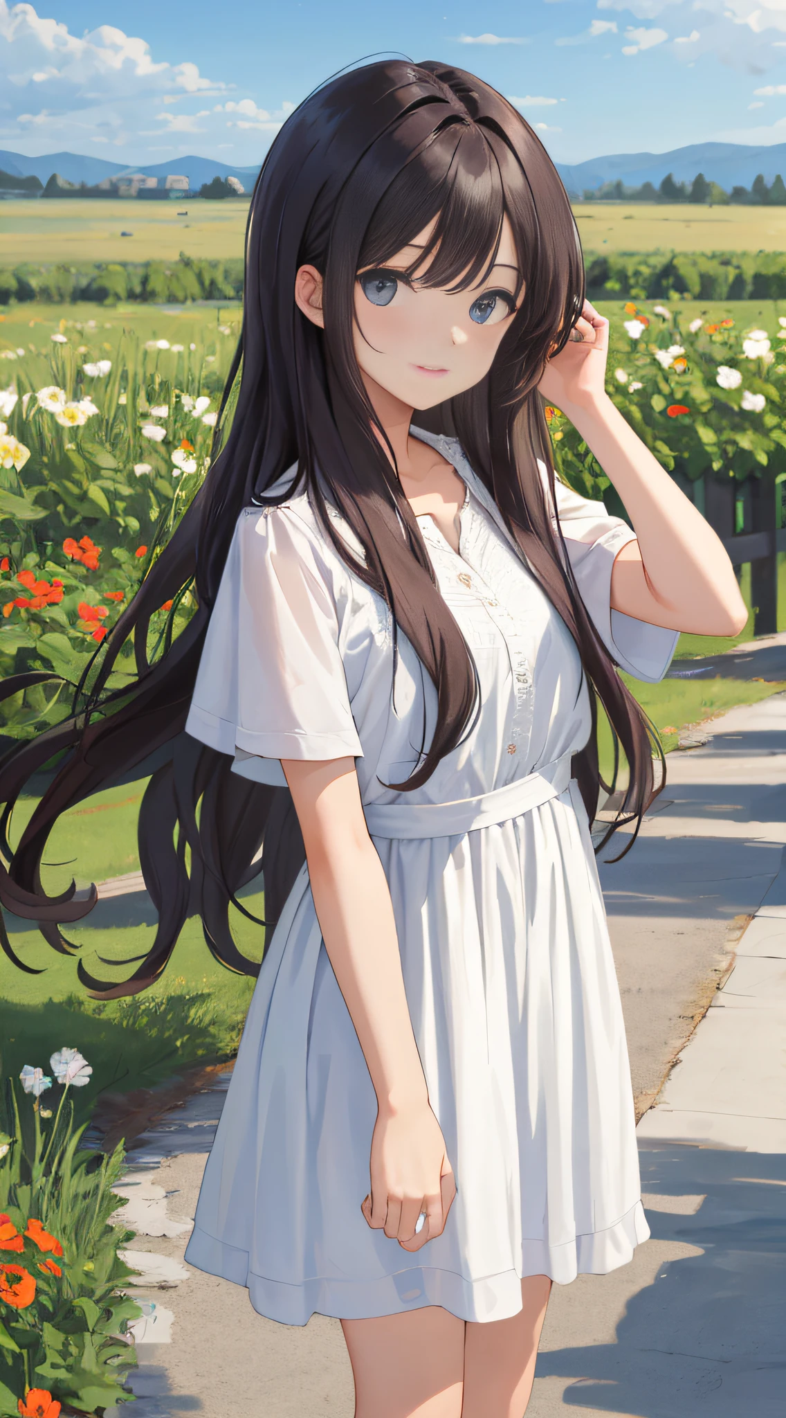 masterpiece, best quality, looking at viewer, long hair, outdoors, (wavy hair:0.7),