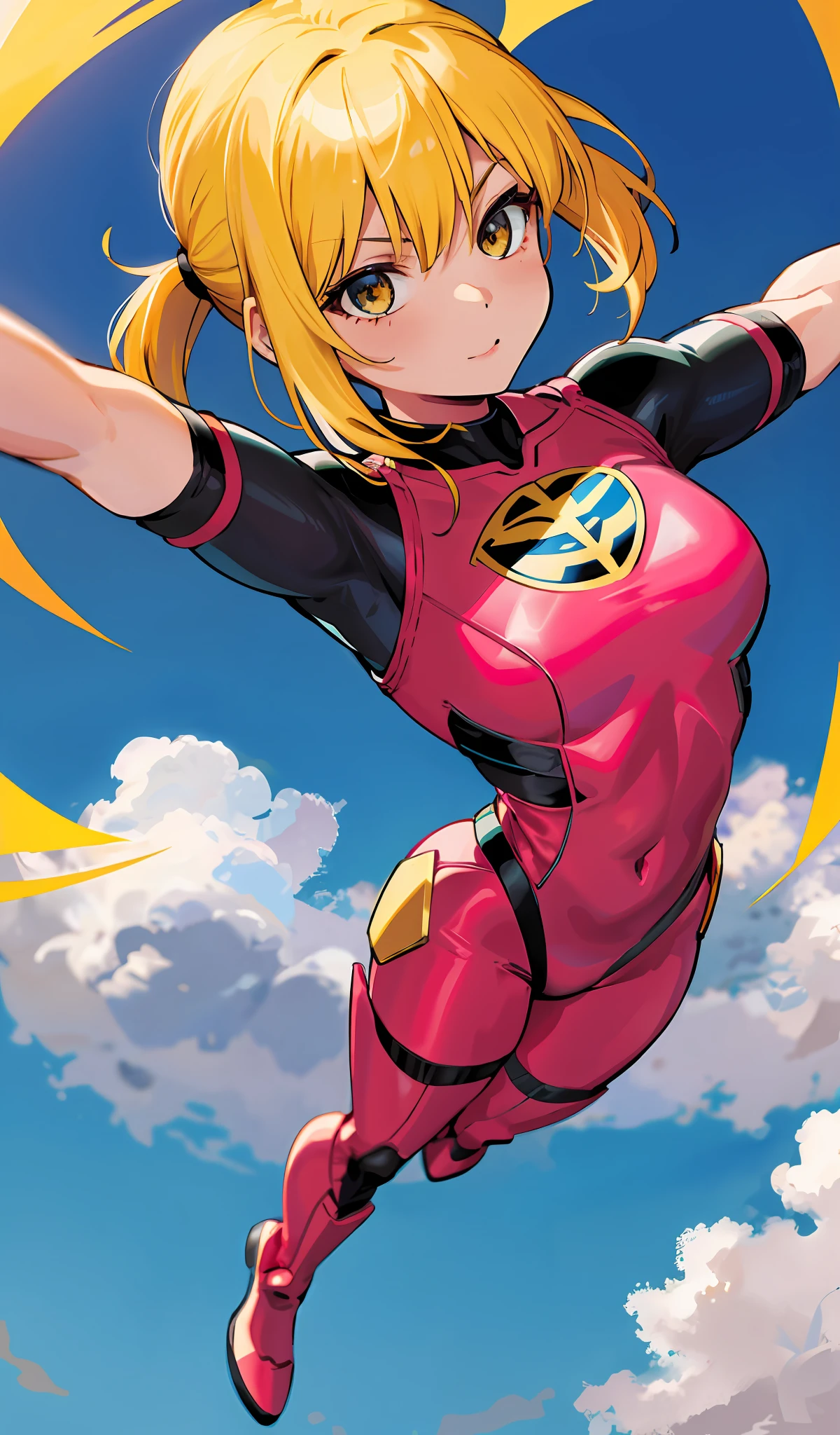 4K, realistic, charismatic, very detailed, there is a girl in the sky, wearing a power ranger, she is a power ranger, superhero theme, yellow hair, 25 years old, full body