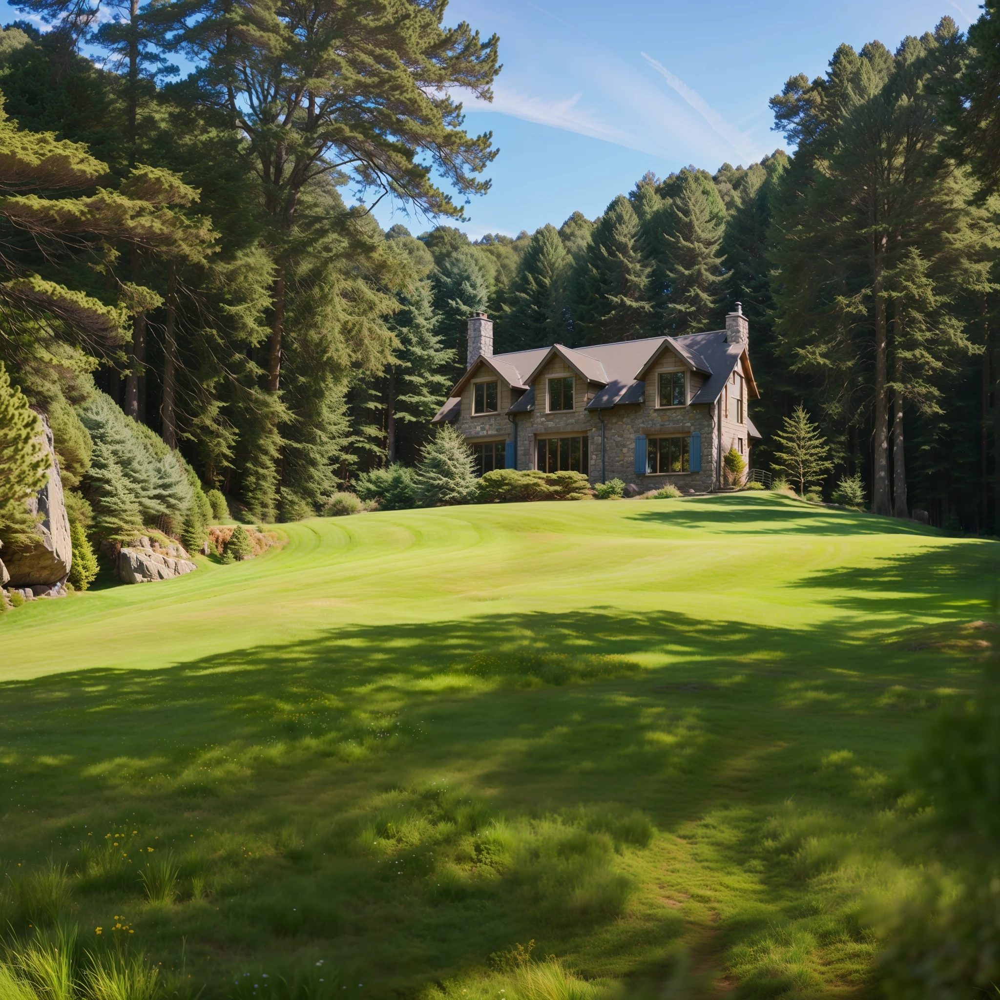 Blue sky, grass, distant woods, forest, perfect light, bright sunlight, natural shrubs, natural rocks, tall trees