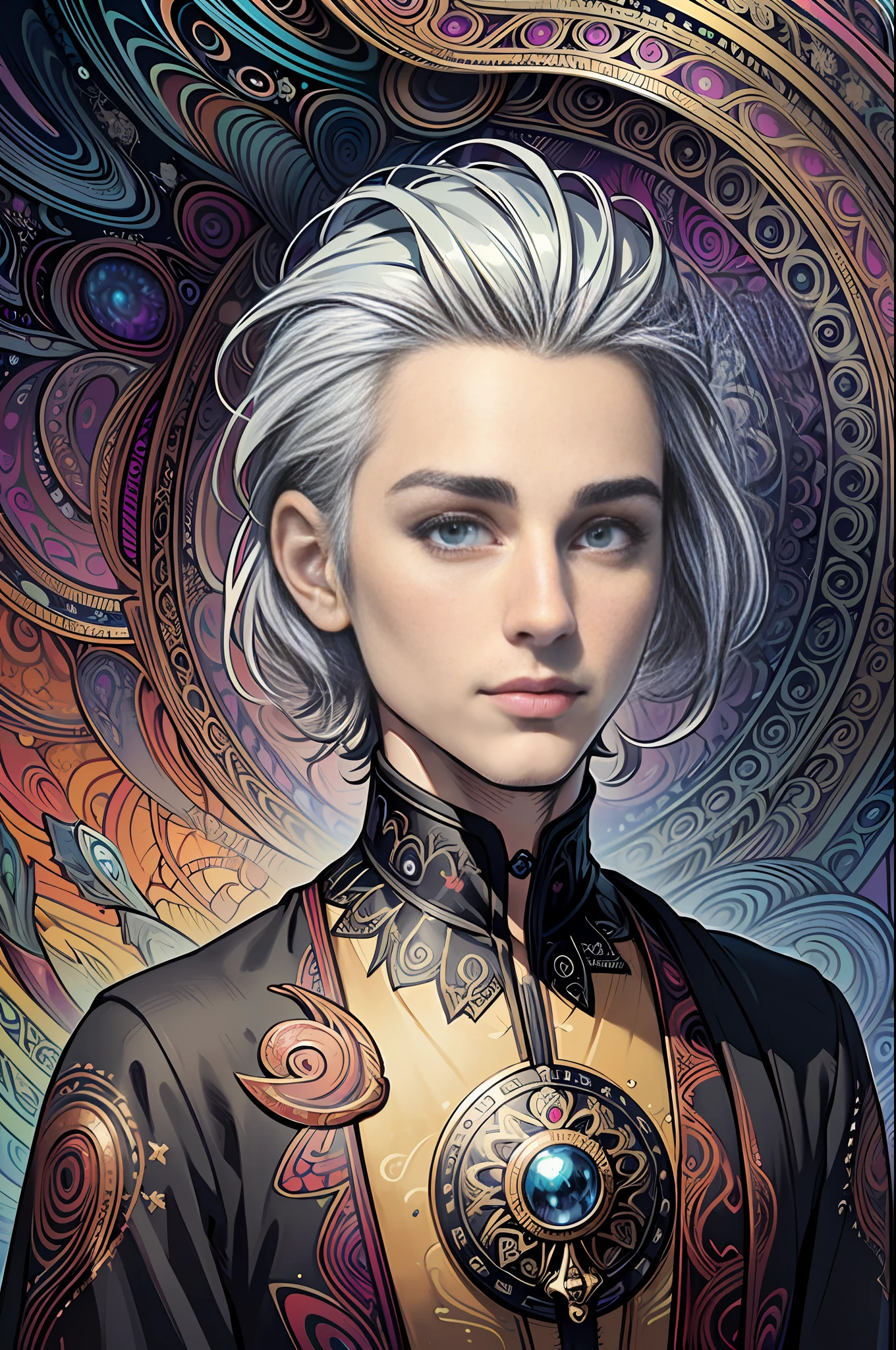 realistic, (masterpiece, top quality, best quality, official art, beautiful and aesthetic:1.2),
extremely detailed,fractal art,colorful,highest detailed,zentangle,(abstract background:1.5)
(1boy:1.3), (birds),silver hair, bright eyes,hair slicked back, short hair, black robe, male, celestial back ground
