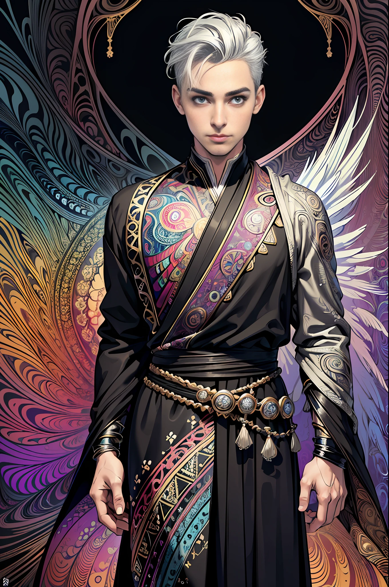 realistic,  (masterpiece, top quality, best quality, official art, beautiful and aesthetic:1.2), 
extremely detailed,fractal art,colorful,highest detailed,zentangle,(abstract background:1.5)
(1boy:1.3), (birds),silver hair, bright eyes,hair slicked back, short hair, black robe, male, celestial back ground