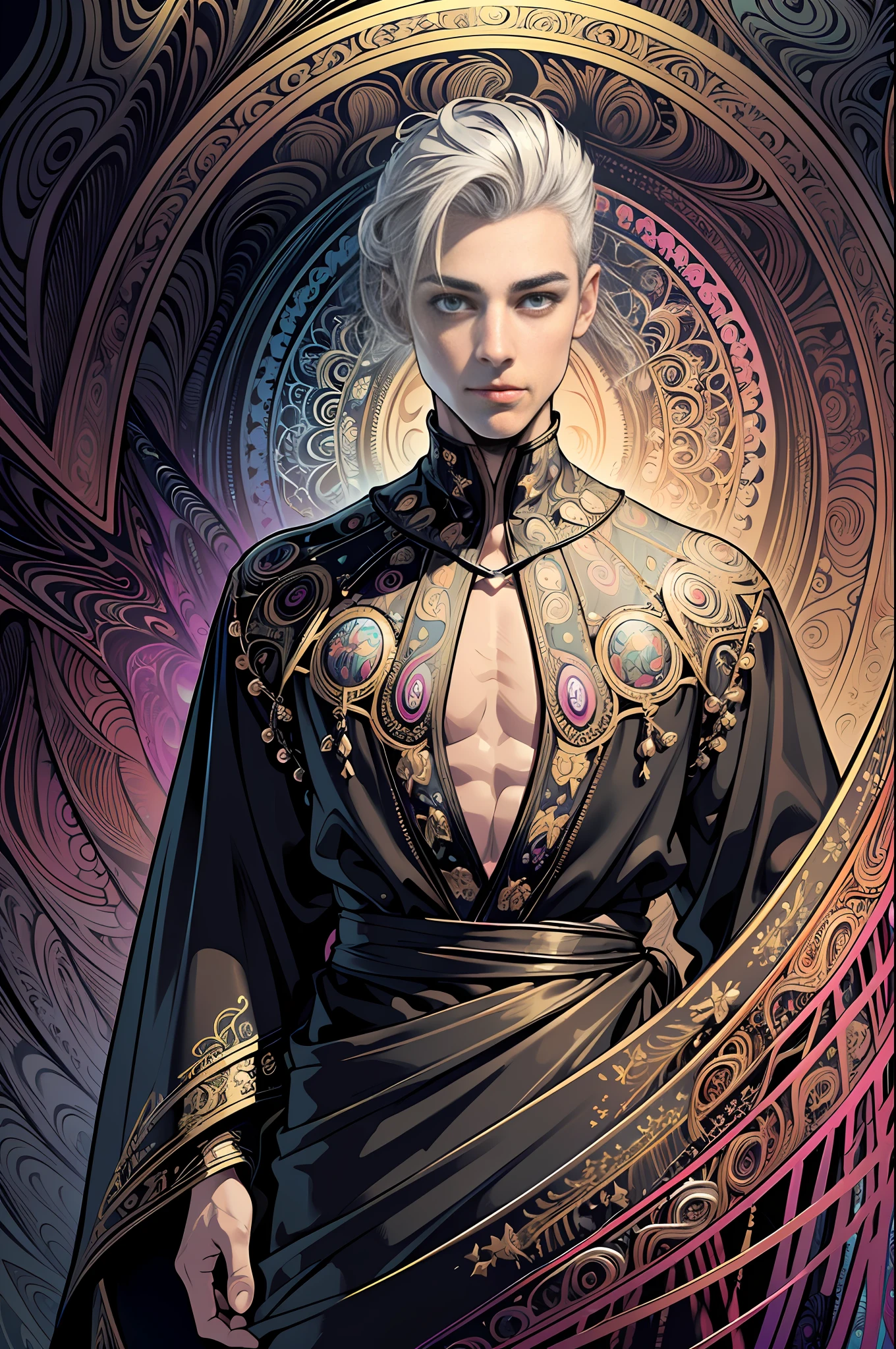 realistic, (masterpiece, top quality, best quality, official art, beautiful and aesthetic:1.2),
extremely detailed,fractal art,colorful,highest detailed,zentangle,(abstract background:1.5)
(1boy:1.3), (birds),silver hair, bright eyes,hair slicked back, short hair, black robe, male, celestial back ground