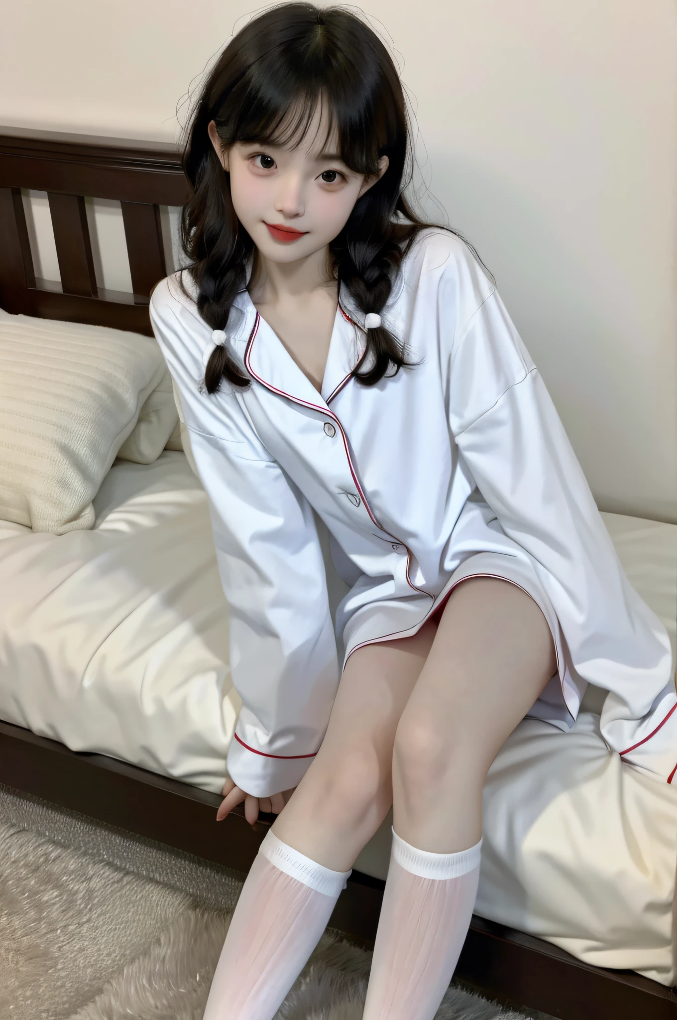 1girl, (RAW photo, RAW color photo, absurdity: 1.2), (close-up: 1.1), slender legs, little white shoes, shyness, seductive smile, (pajamas: 1.1), standing position, high knee-length socks