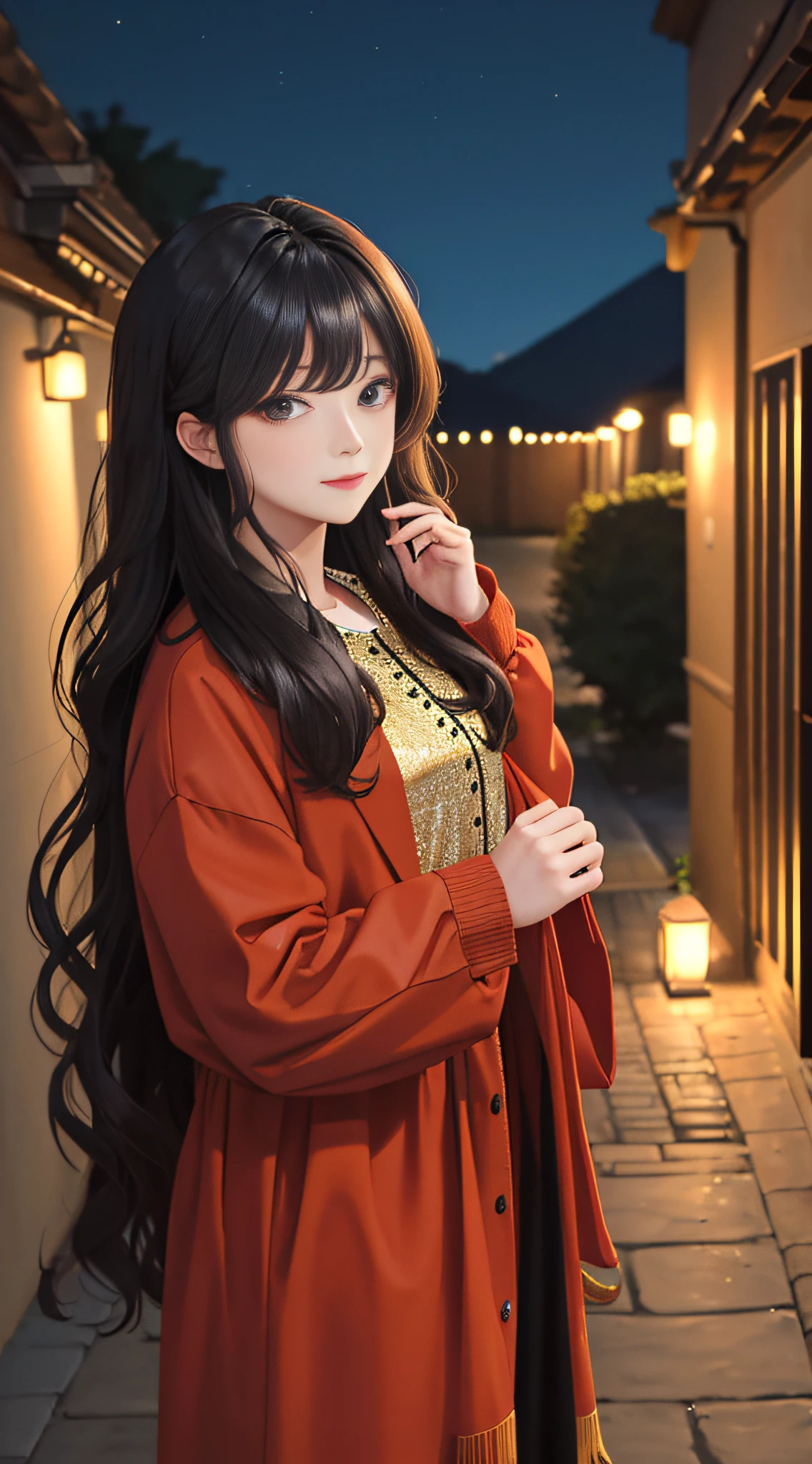 (masterpiece:1.2), (best quality:1.2), night, (looking at viewer), bright skin, 
outdoors, fringe, 
long hair, (wavy hair),