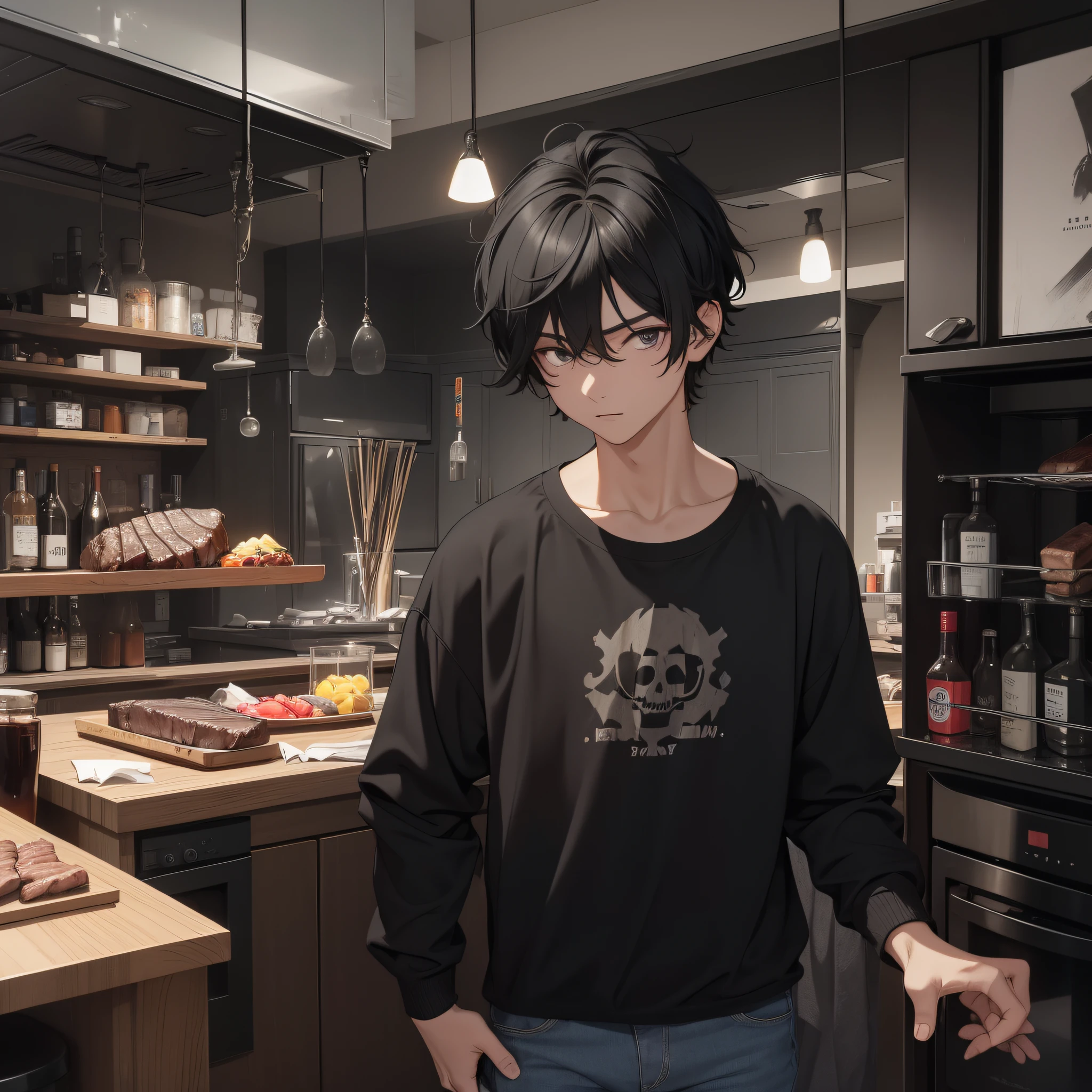 Absurd resolution, high resolution, (masterpiece: 1.4), hyperdetail, young man's messy short black hair, black casual clothes, spooky room, open fridge (1.2), lots of steak in the fridge (1.4)