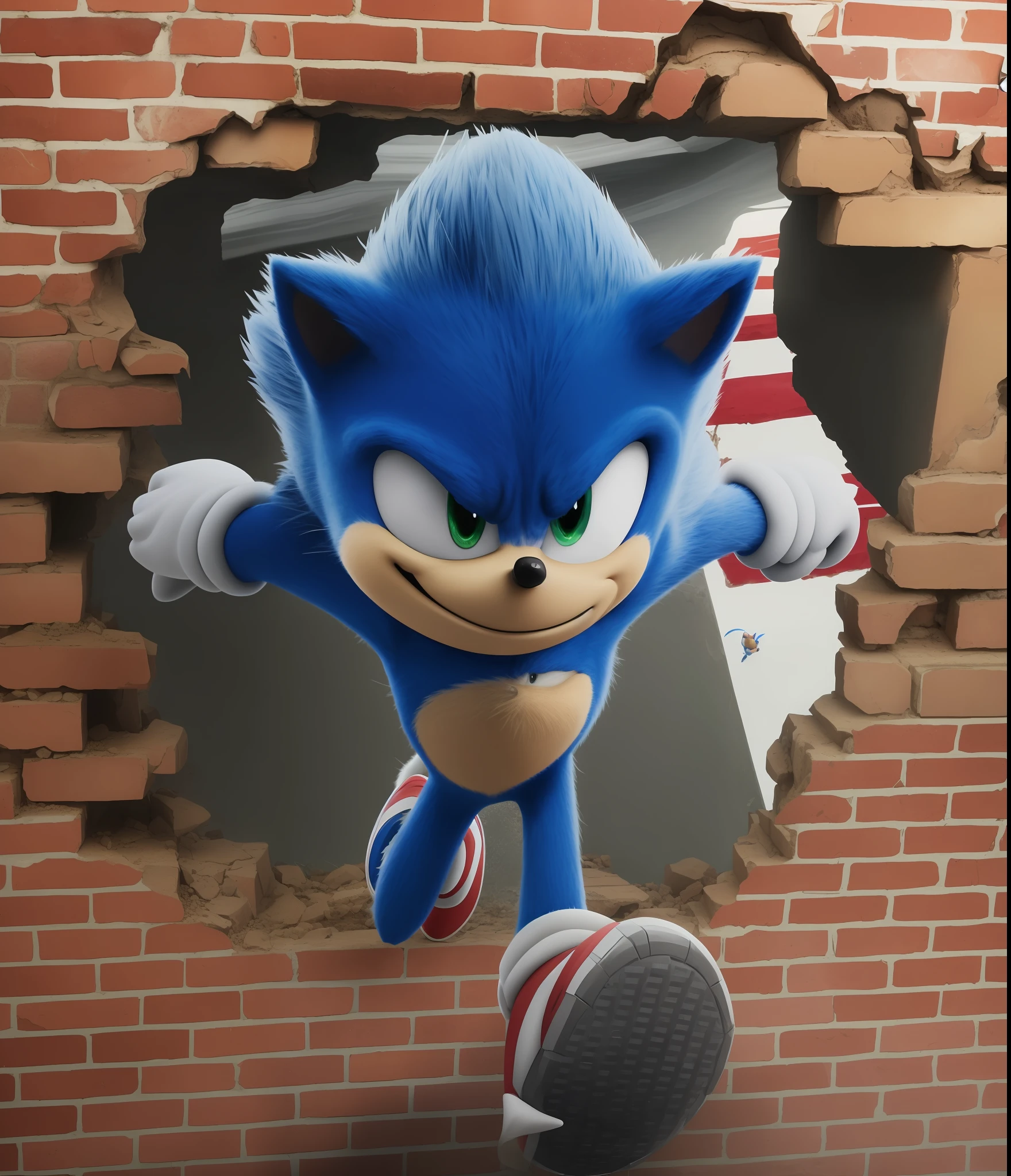 sonic the hedger is flying through a hole in a brick wall, sonic hedgehog, in the new action-movie sonic, sonic the hedgehog, sonic the hedgehog in a surreal, from sonic, movie sonic, portrait of sonic the hedgehog, sonic, sonic looks like he is shocked, sonic the hedgehog illustration, sonic power, sonic game, sanic