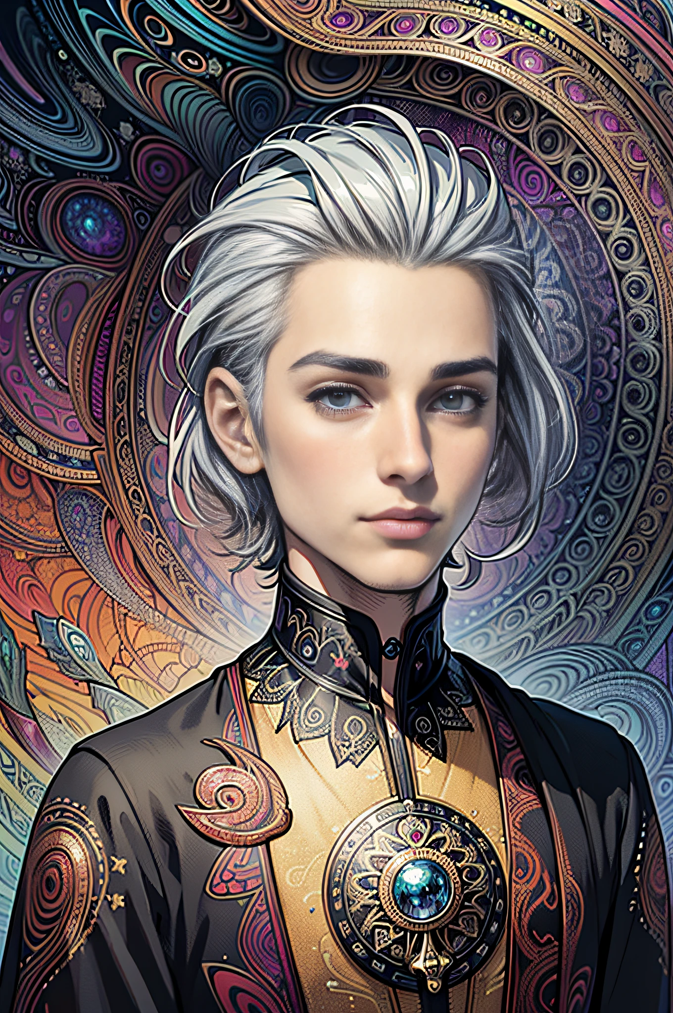 realistic, (masterpiece, top quality, best quality, official art, beautiful and aesthetic:1.2),
extremely detailed,fractal art,colorful,highest detailed,zentangle,(abstract background:1.5)
(1boy:1.3), (birds),silver hair, bright eyes,hair slicked back, short hair, black robe, male, celestial back ground
