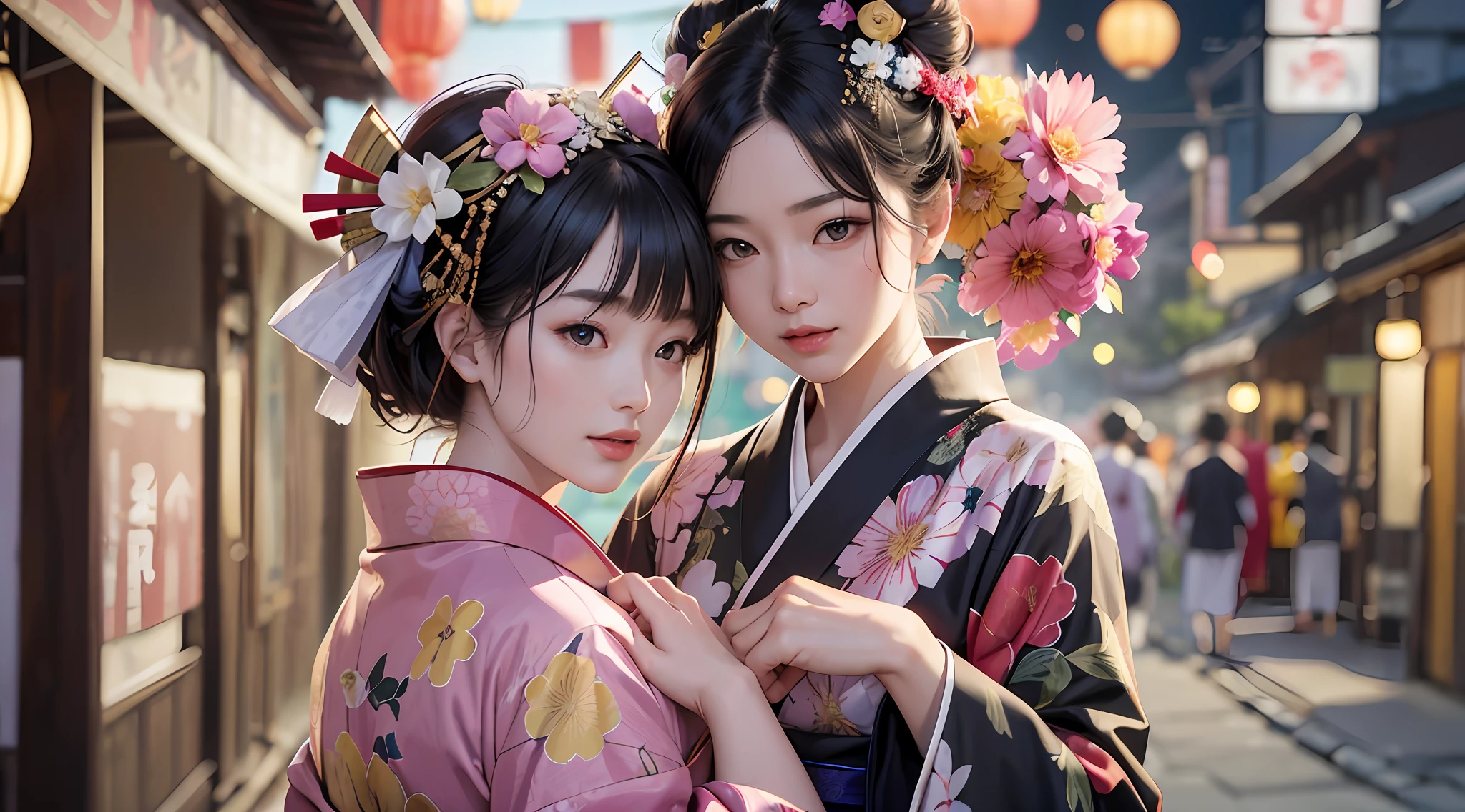 ((highest quality, 8k, masterpiece, photorealism, RAW photo, best quality)), ;\), ;d, arm_hug, black_eyes, black_hair, black_kimono, blonde_hair, blue_hair, blue_kimono, brown_eyes, brown_kimono, candy_apple, closed_eyes, cotton_candy, festival, fireworks, floral_print, flower, green_kimono, grey_kimono, grinning, hand_fan, holding_hands, japanese_clothes, kimono, golden tea, mask, mask_on_head, multiple_boys, multiple_ girls, new_year, night, obi, one_eye_closed, open_mouth, orange_kimono, pink_kimono, print_kimono, purple_kimono, red_hair, red_kimono, sash, short_hair, smile, summer_festival, white_kimono, wide_sleeves, yellow_kimono, yukata, high definition, realism, realistic photos, professional color correction, shot with Canon EOS 5D Mark IV --auto --s2