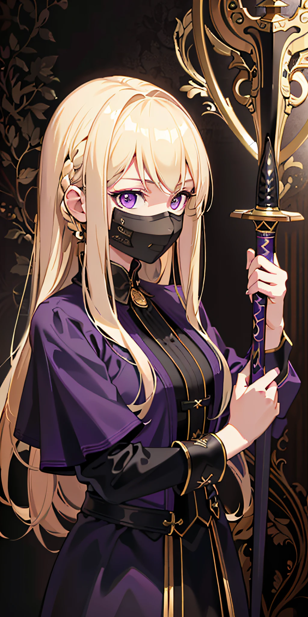 (HD image, superb detail, side light, exquisite light grain rendering, rich textured wallpaper background, 1 blonde haired girl wearing a mask: 1.2+ purple eyes, holding a two-handed sword)
