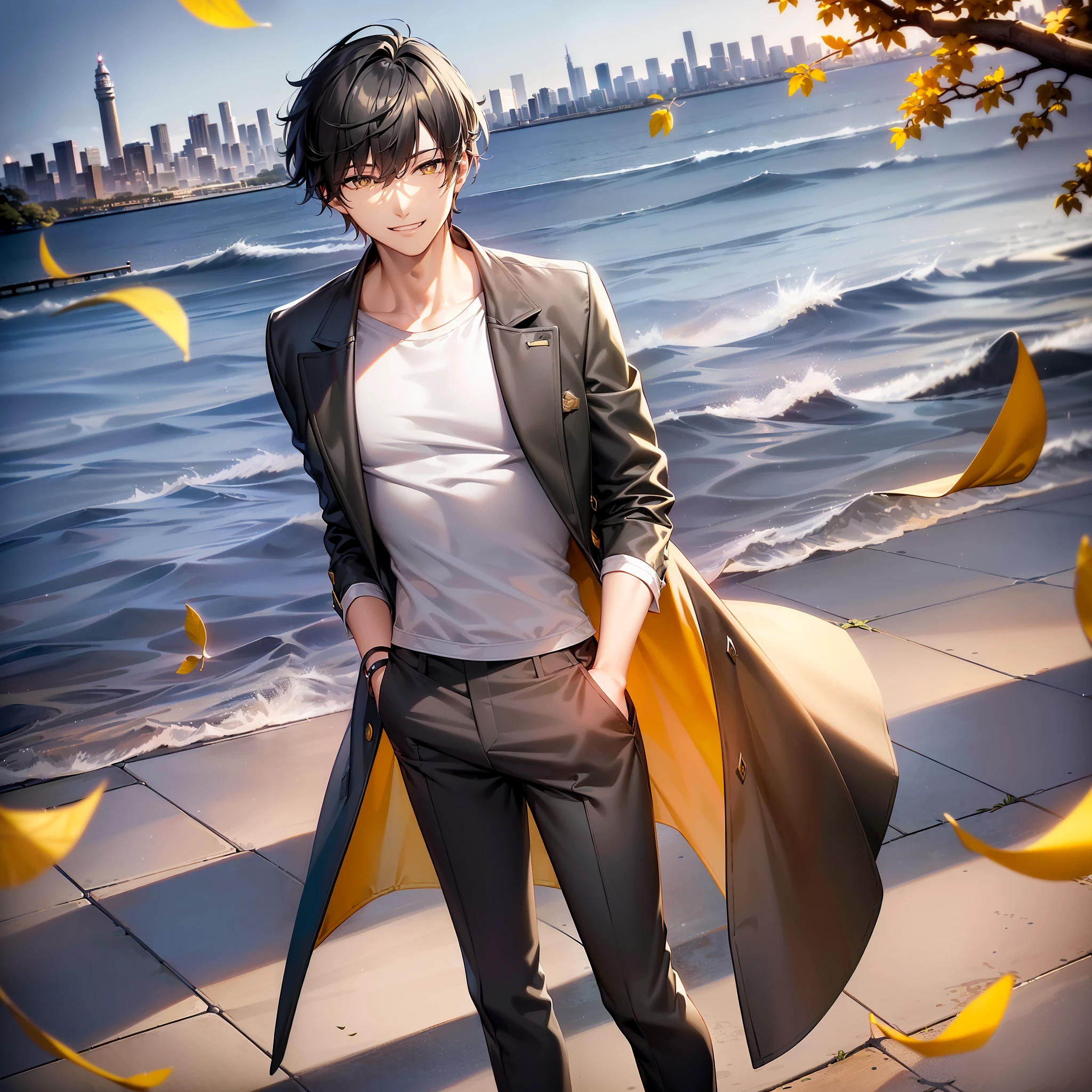 Dan Heng, Honkai Star Rail, (masterpiece, best quality, high quality, 4K), human, male, (((solo))), mature, black short hair, slim, ((yellow pupils)), detailed eyes, front view, (clothing, (topwear: (dark-gray coat, (white t-shirt)), bottomwear:(pants: dark gray), standing, coat fluttering, detailed clothing, coat collar, tall, smiling, (((city seaside))), trees, falling leaves, (detailed background)