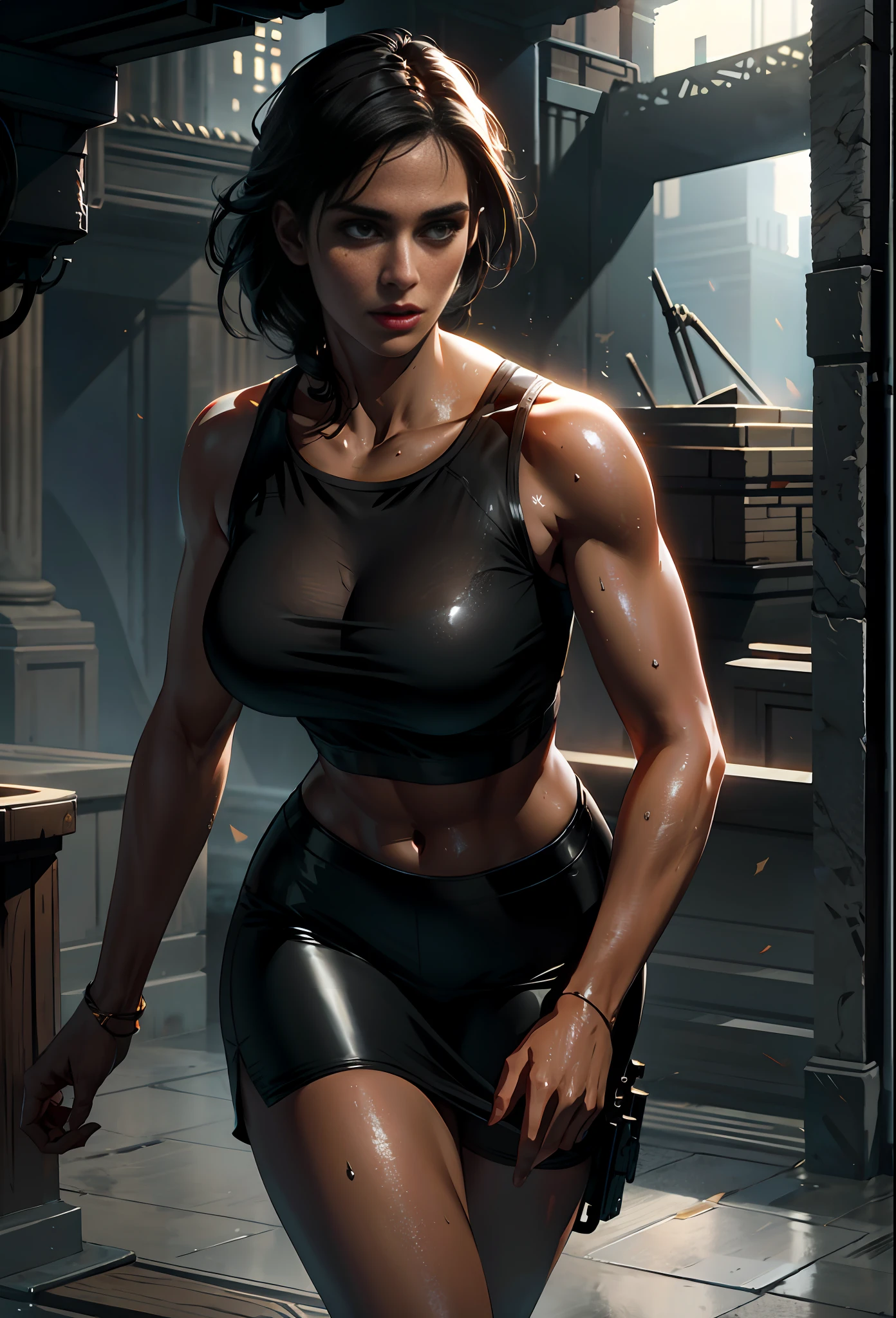 RAW photograph, best quality, masterpiece, an extremely beautiful woman, extremely detailed, unity, 8k wallpaper, Amazing detailed, finely detailed, masterpiece, best quality, official art, extremely detailed CG unity 8k wallpaper, ultra-detailed, highres, extremely detailed, clear, focused, (best quality), (realistic, photo-realistic:1.6), 8k, bright lighting, high quality, cinematic lighting, 1girl, centered, full body, short black hair, (sweat:1), perfect fingers, tomb raider