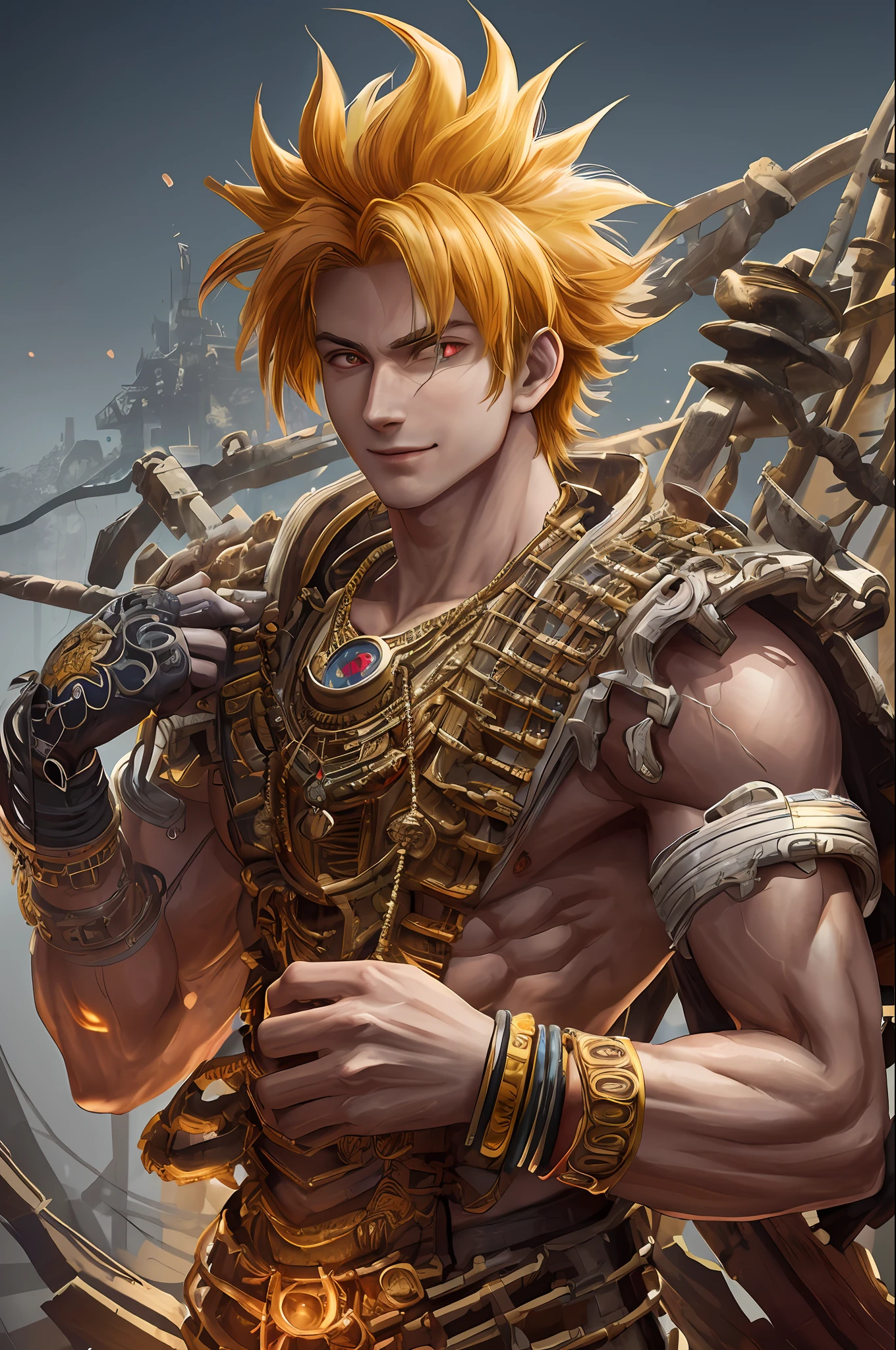Son Goku mechanical, (((ultra realistic details)), portrait, global lighting, shadows, octane render, 8k, ultra sharp, metal, intricate, detailed ornaments, cool colors, Egyptian detail, highly intricate details, realistic light, trend in cgsociety, bright eyes, front camera, neon details, mechanical limbs, blood vessels connected to tubes, mechanical vertebra attaching to the back, mechanical cervial attaching to the neck, wires and cables connecting to the head, 1 boy, backlight, red eyes, yellow hair, black bracelet, closed mouth, dougy, lock of hair, hands up, yellow particles, looking at viewer, male focus, muscular, muscular man, pectorals, smile, moon, long hair doctor, upper body, bracelet, ((masterpiece))