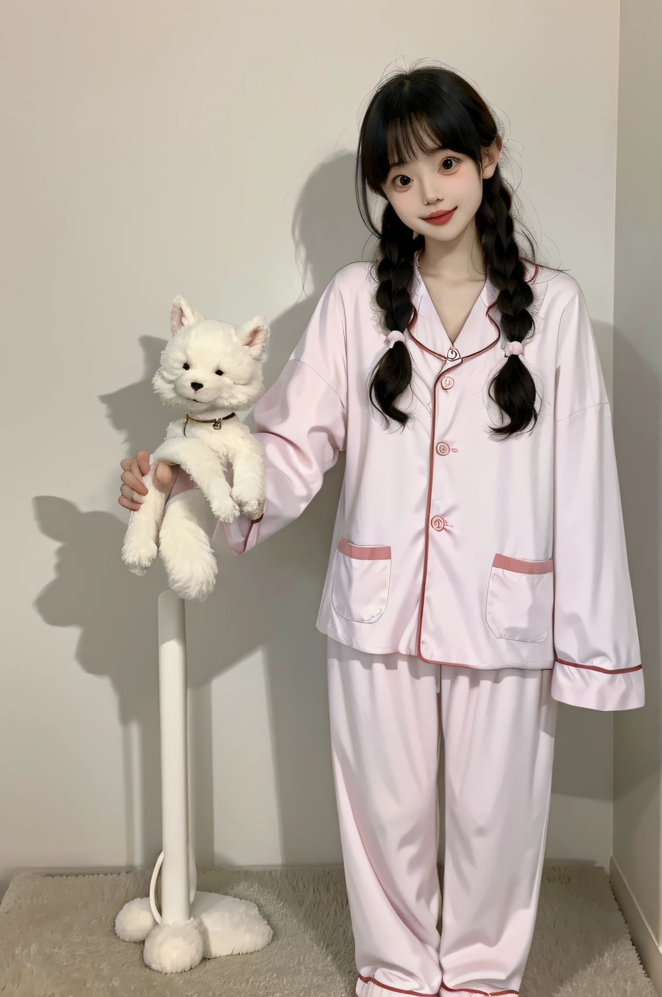 1girl, slender legs, little white shoes, shy, seductive smile, (pajamas: 1.1), standing position, high knee-length socks
