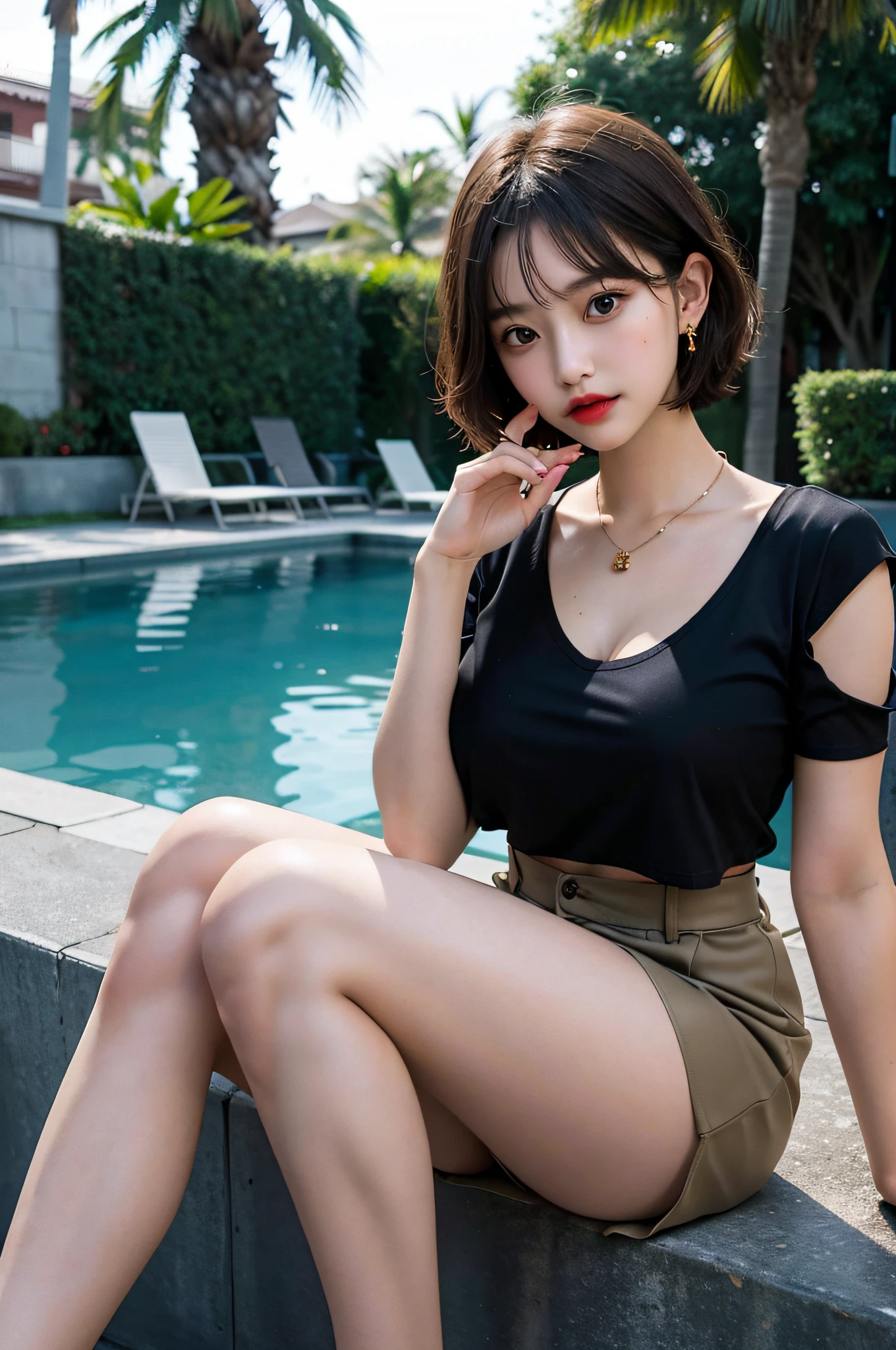 Beautiful legs, beautiful thighs, cropped length T-shirt, skirt, night school poolside, night poolside bench, dark atmosphere, 8K RAW photos, high resolution, 18 years old cute Japan, round face, bright blonde hair, very big round breasts, voluminous cleavage, beautiful eyes in detail, long eyelashes, beautiful double eyelids, sanpaku eyes, duck mouth, short bob hair, earrings, Necklace, palm gesture, random expression