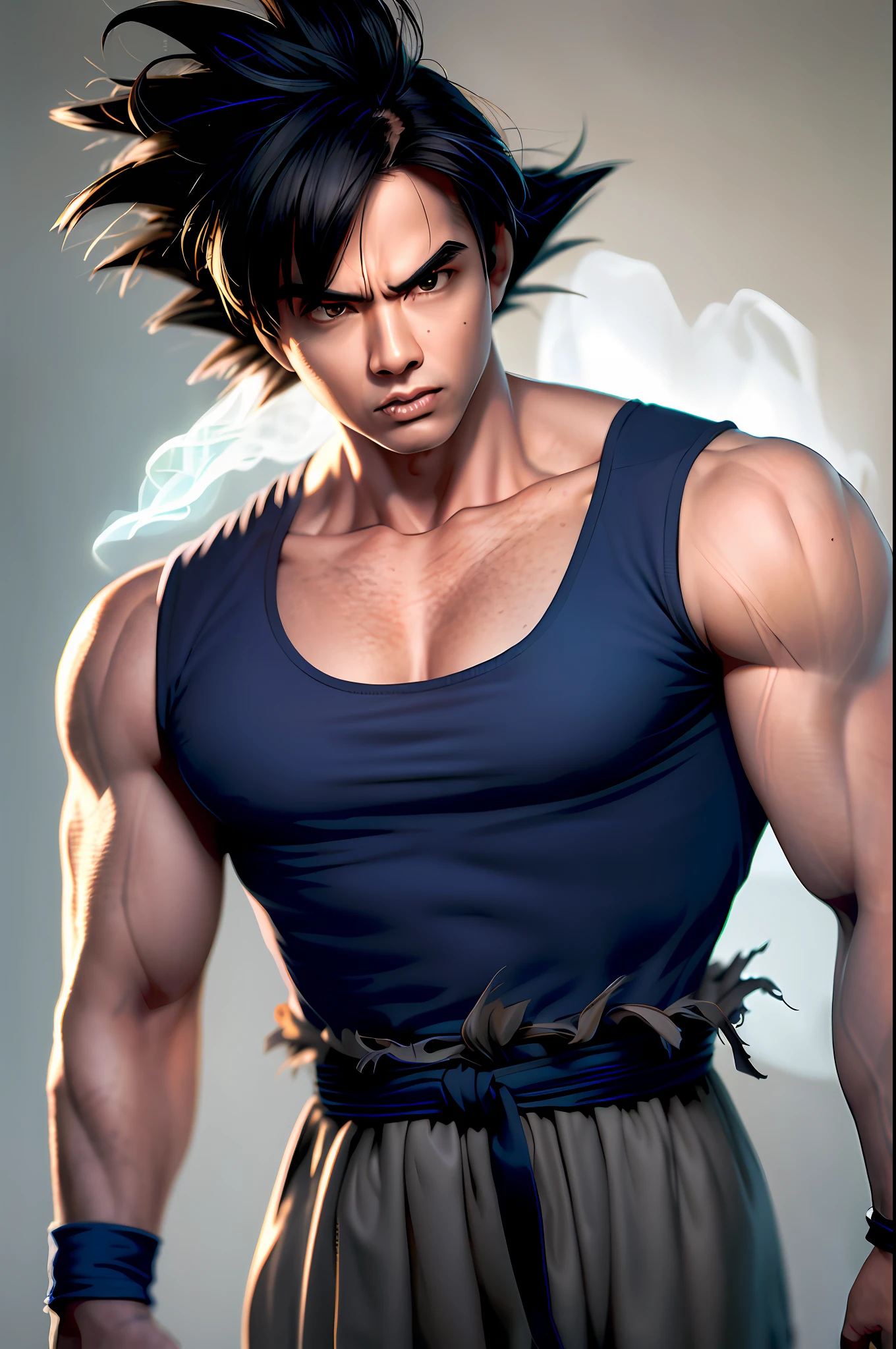 masterpiece, (photorealistic:1.5), best quality, beautiful lighting, real life, son goku, 1boy, asian man, angry, upper body, biceps, black hair, blue sash, blue shirt, blue wristband, closed mouth, collarbone, cowboy shot, dougi, energy, frown, green eyes, looking at viewer, male focus, muscular, muscular male, outstretched arm, sash, scene reference, scratches, shirt, signature, smoke, solo, spiked hair, standing, torn clothes, ultra instinct, v-shaped eyebrows, walking, wristband