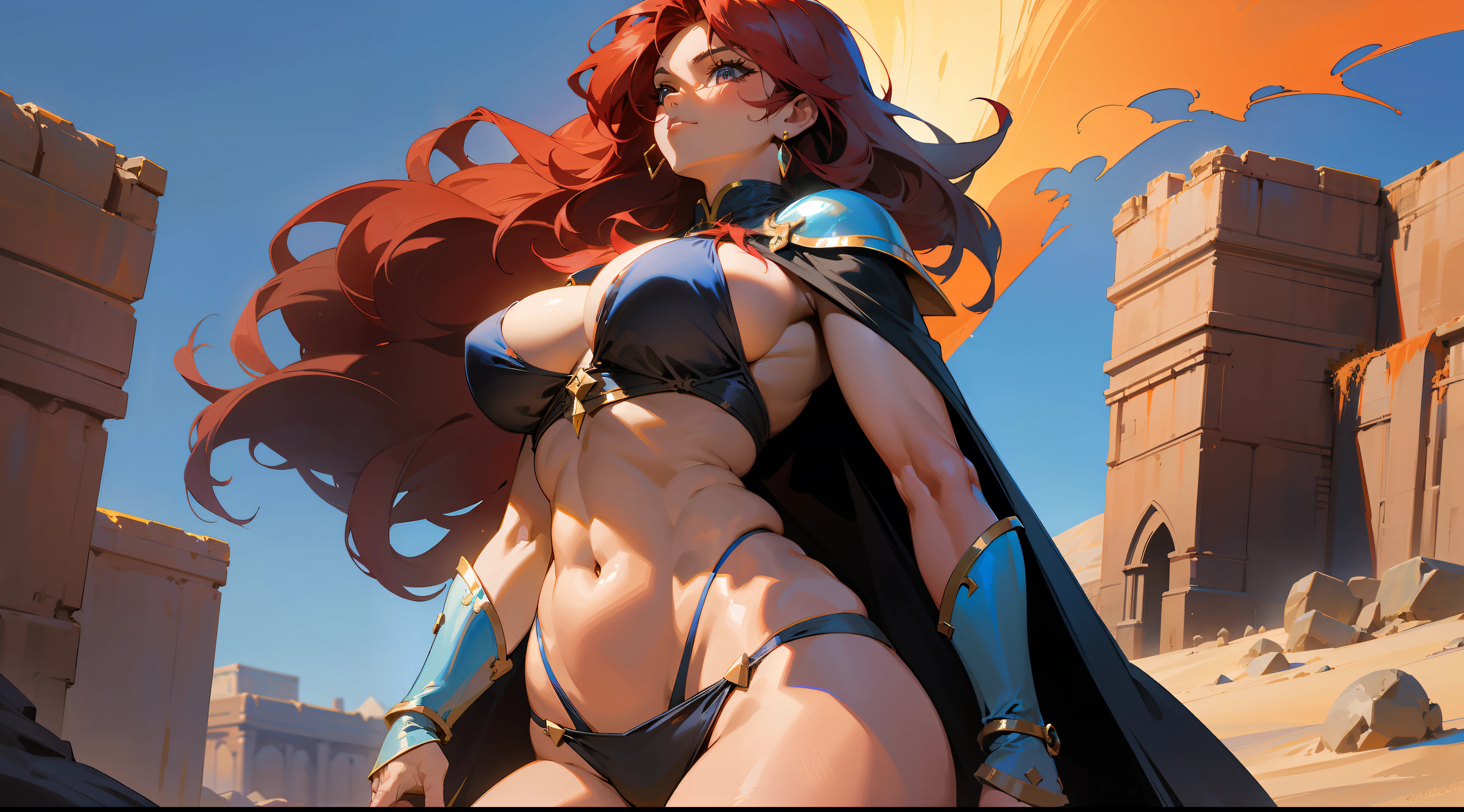 Mature woman, strong, dark skin, black bikini, long red hair, large breasts, large thighs, old and torn cape, 80s, fantasy, medieval, desert, sun, blue sky, well detailed brightness.