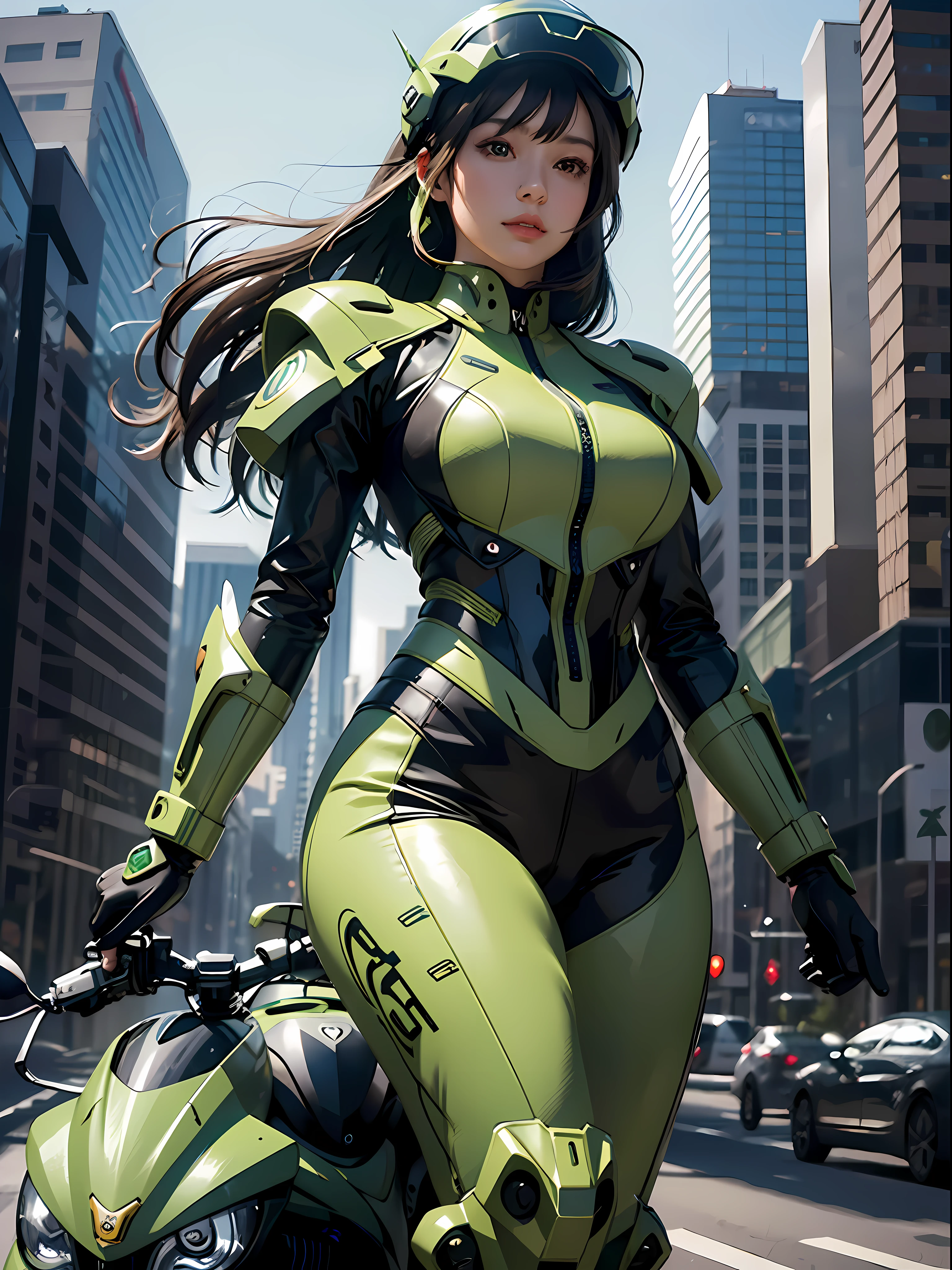 Highest image quality, outstanding details, ultra-high resolution, (realism: 1.4), the best illustration, favor details, highly condensed 1girl, with a delicate and beautiful face, dressed in a black and green mecha, wearing a mecha helmet, holding a directional controller, riding on a motorcycle, the background is a high-tech lighting scene of the future city.