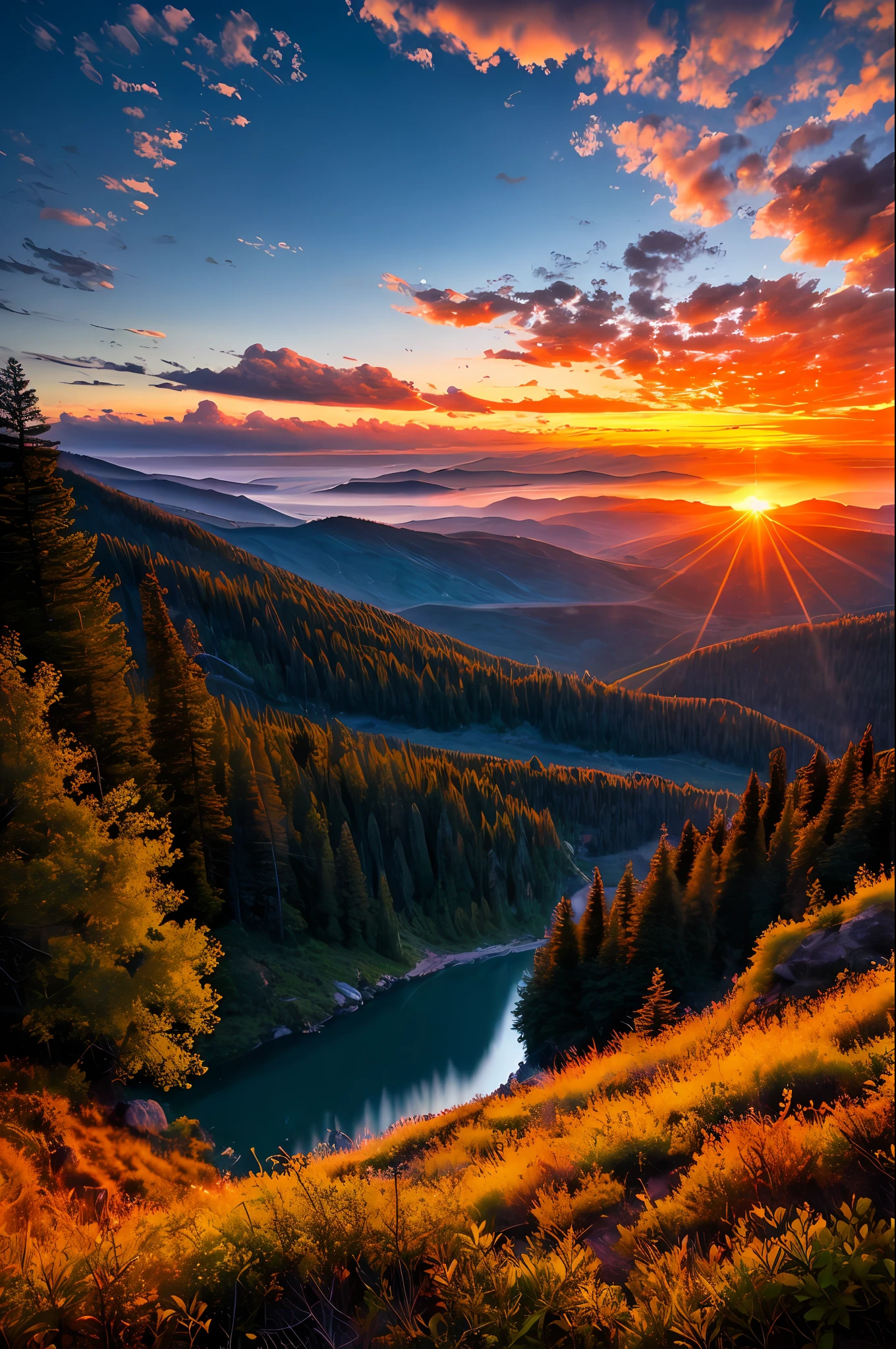 The best quality, masterpiece, beautiful wild and natural sunset landscape with glowing lights
