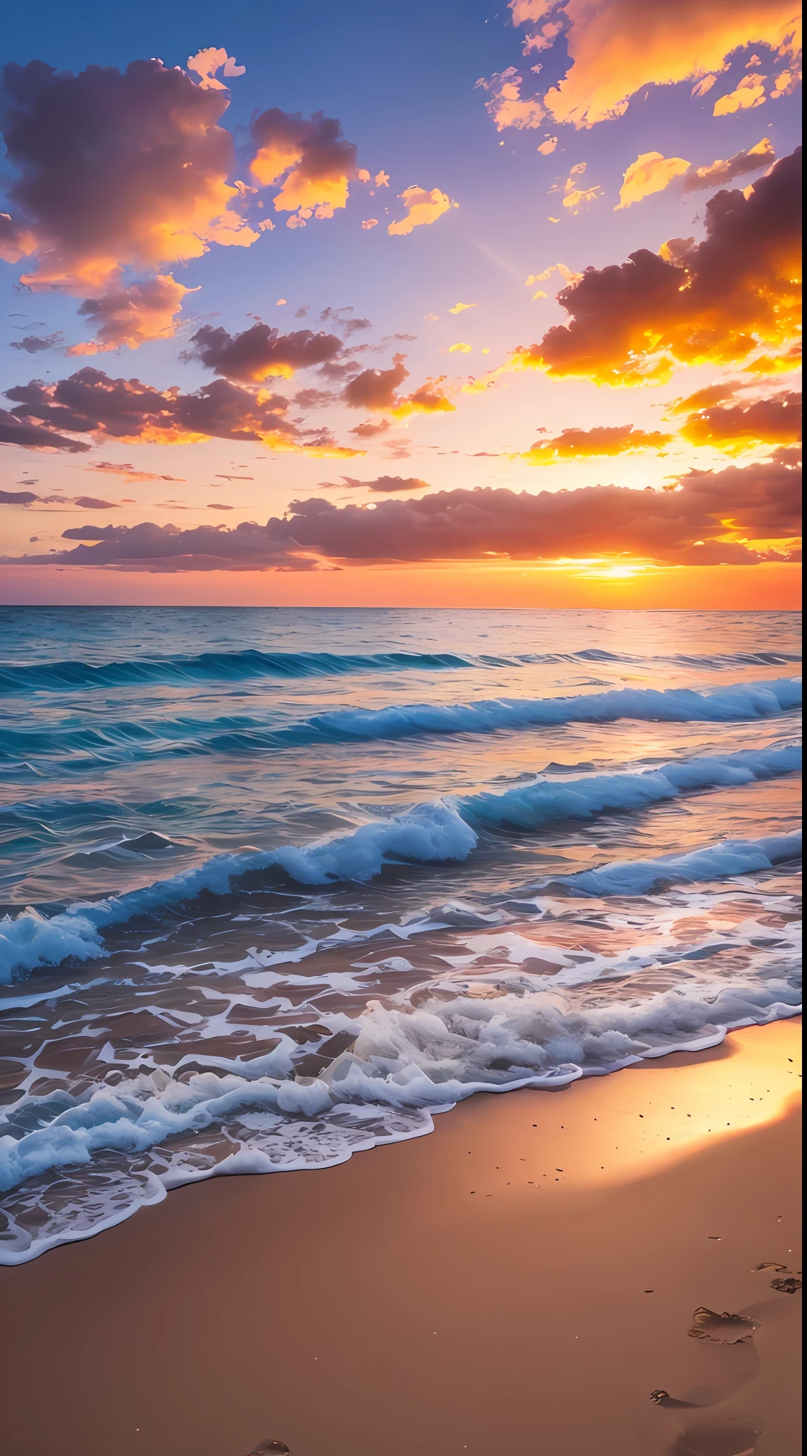 The best quality, masterpiece, beautiful beach and natural sunset landscape with glowing lights