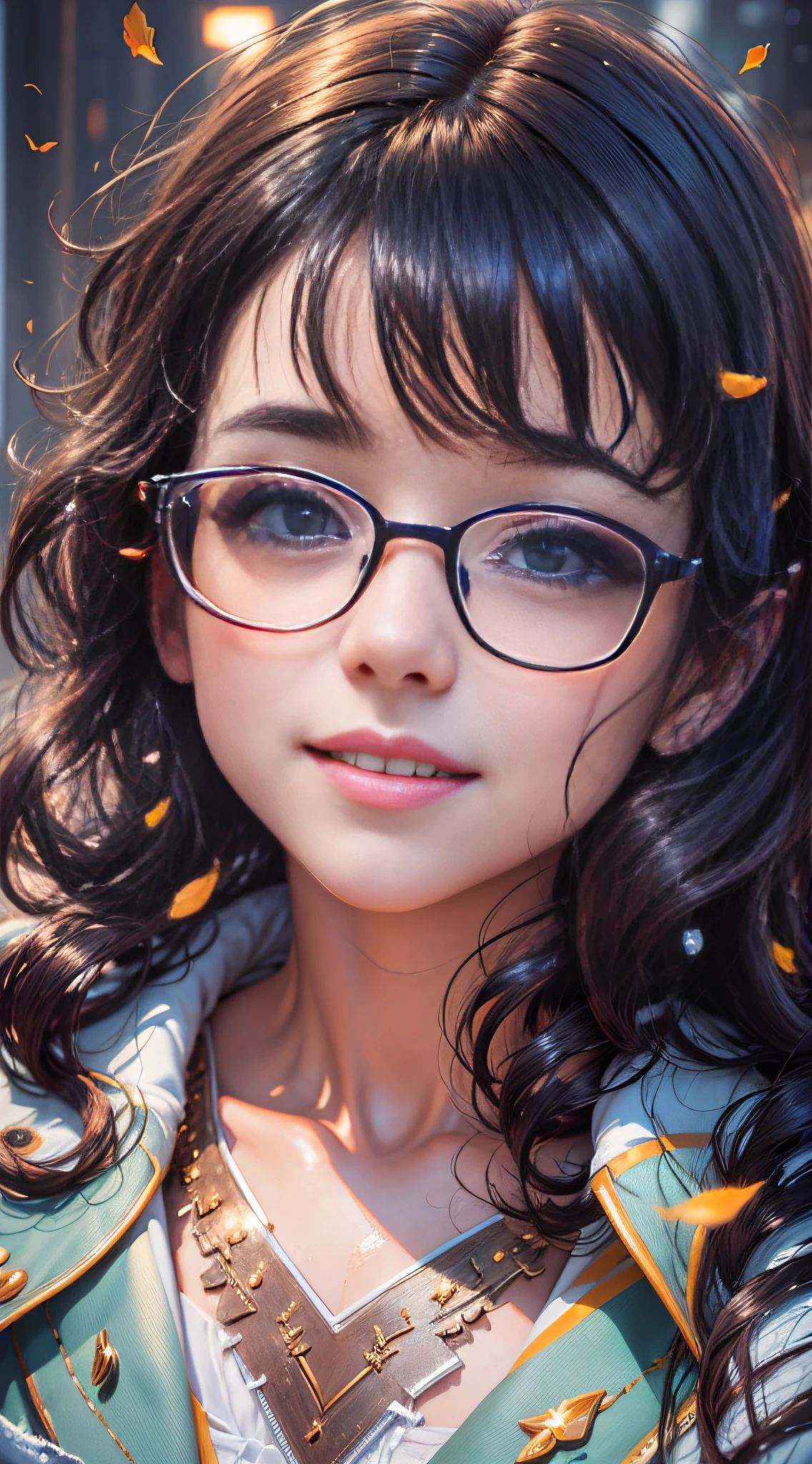 Portrait of a girl, (face: 1.2), detailed eyes, glasses, short dark hair, shiny skin, wet skin, shy expression, outdoors, low angle, closed mouth, smiling, ulzzang-6500-v1. 1, Shallow depth of field, [Volume Fog], cinematic lights, reflections, 8k resolution, delicateabsurdres, (extremely detailed CG 8k wallpaper), (extremely delicate and beautiful), beautiful lighting, (masterpiece), (best quality: 1.0), (ultra high resolution: 1.0), the most realistic photos beautiful artwork in the world, artgerm, cutesexyrobutts, Ed Blinkey&#39;s professional majestic oil paintings, perfect lightning, [clear focus], bokeh, realistic shadows , [High Resolution], Trending, Detailed Skins, (Masterpiece, Best Quality, High Resolution, Image Ref: 1.1), Ultra Detailed